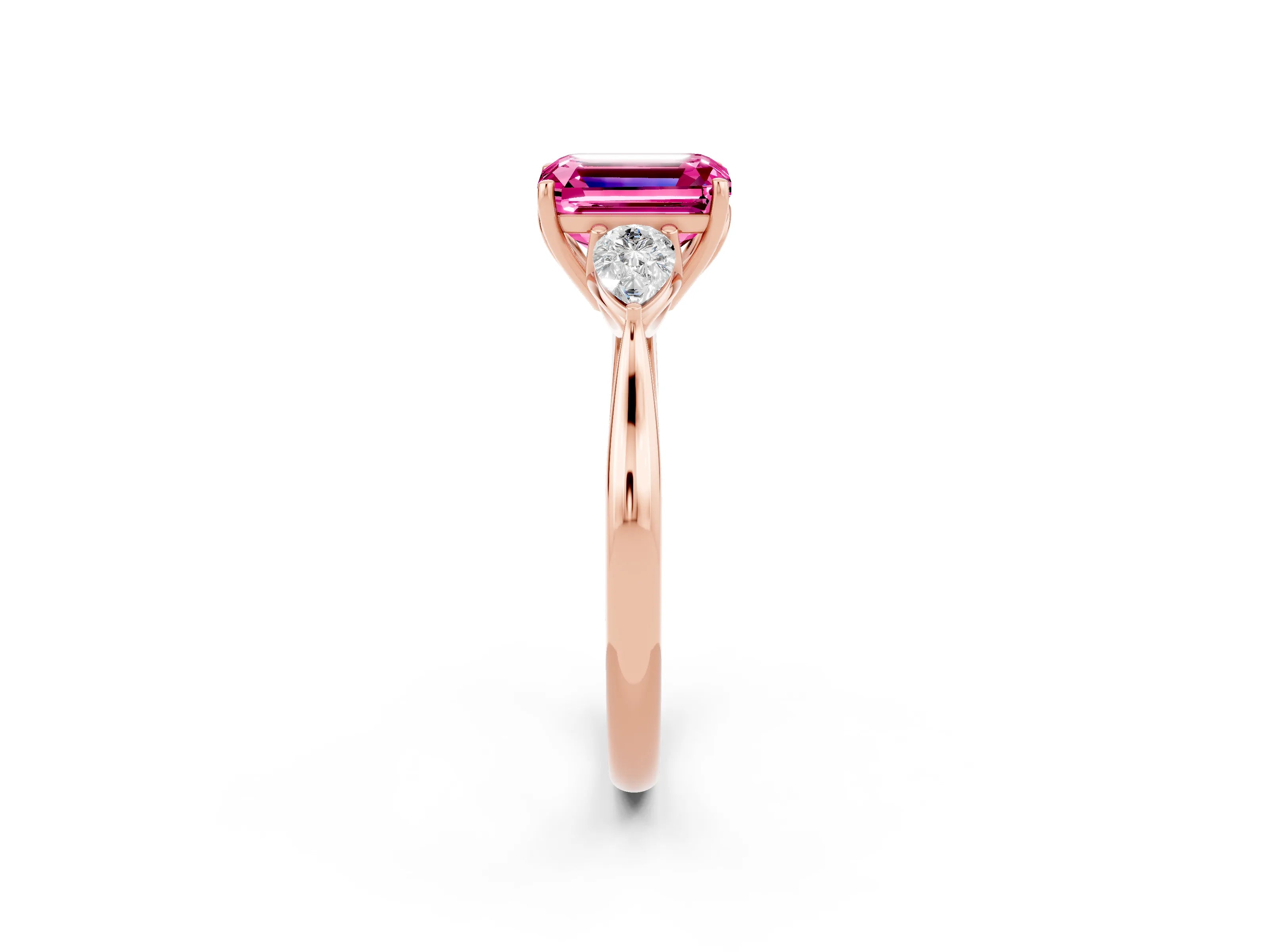 Rose gold Three-Stone Emerald Cut Cut Diamond Ring with Pear Side Stones in Four-Prong Setting_2
