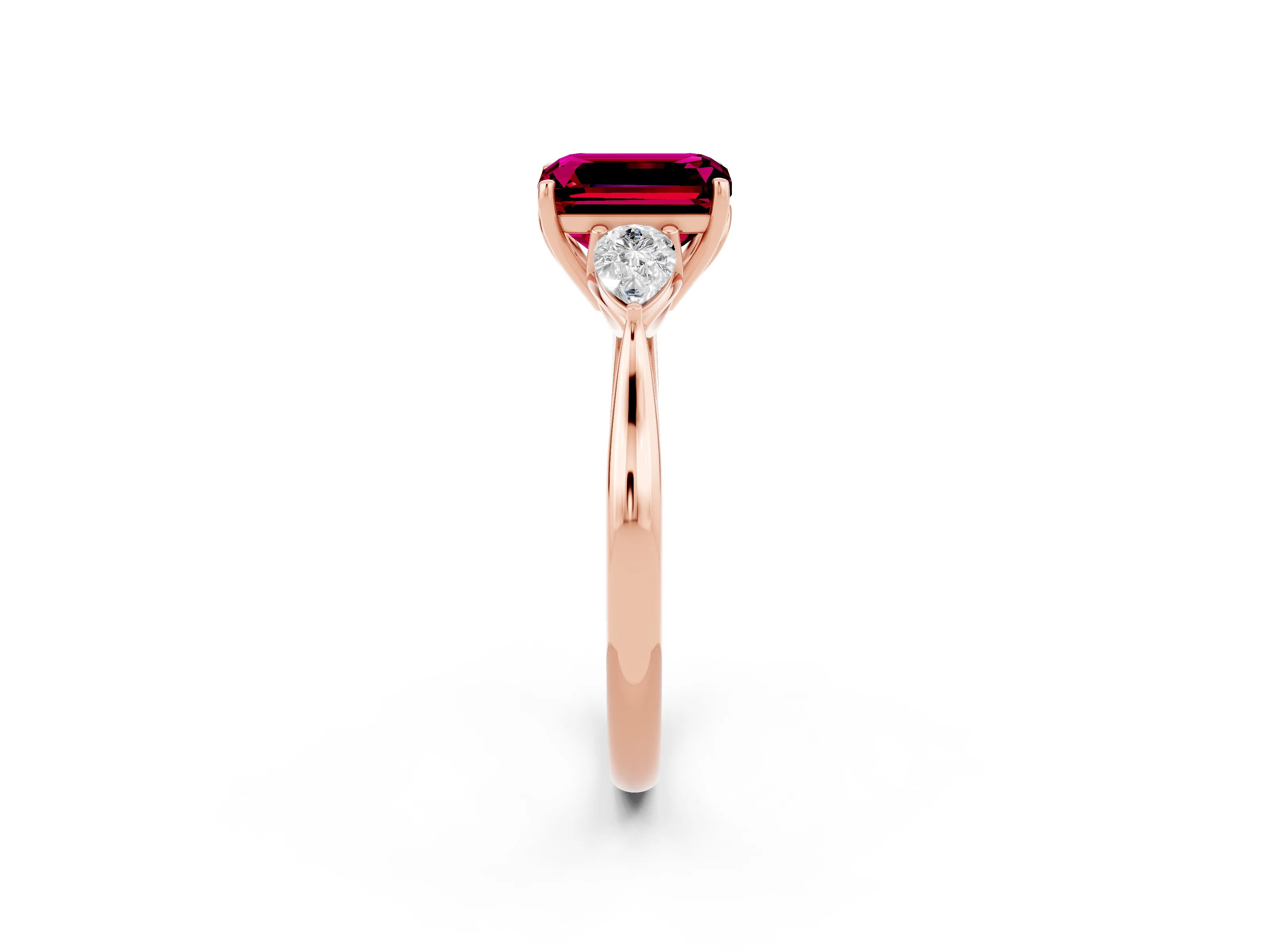 Rose gold Three-Stone Emerald Cut Cut Diamond Ring with Pear Side Stones in Four-Prong Setting_2