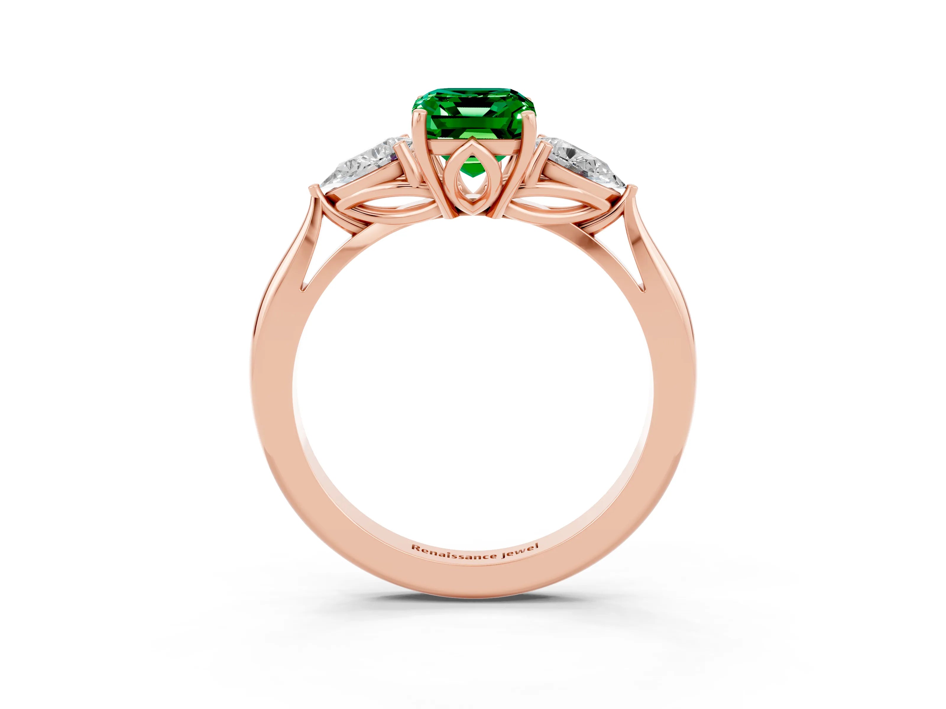 Rose gold Three-Stone Emerald Cut Cut Diamond Ring with Pear Side Stones in Four-Prong Setting_3