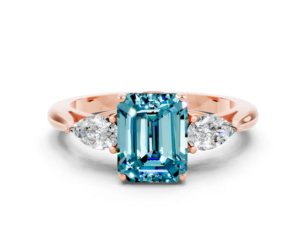 Rose gold Three-Stone Emerald Cut Cut Diamond Ring with Pear Side Stones in Four-Prong Setting