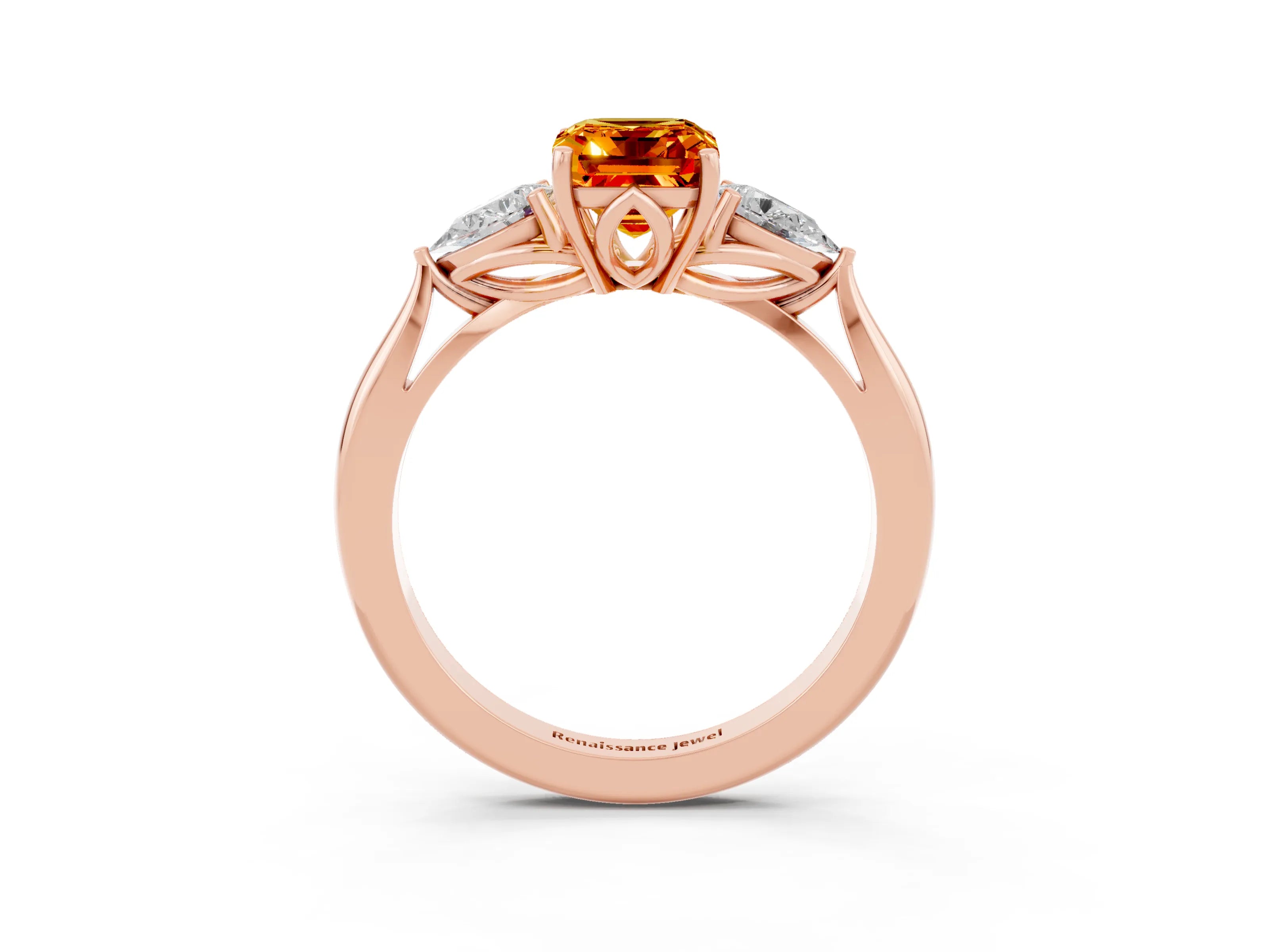Rose gold Three-Stone Emerald Cut Cut Diamond Ring with Pear Side Stones in Four-Prong Setting_3
