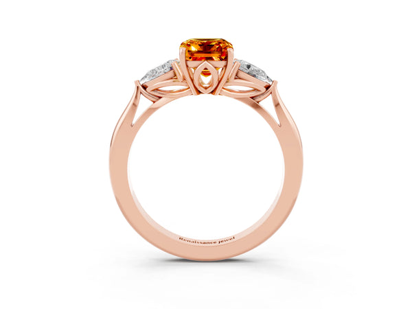 Rose gold Three-Stone Emerald Cut Citrine Ring with Pear  Side Stones in Four-Prong Setting