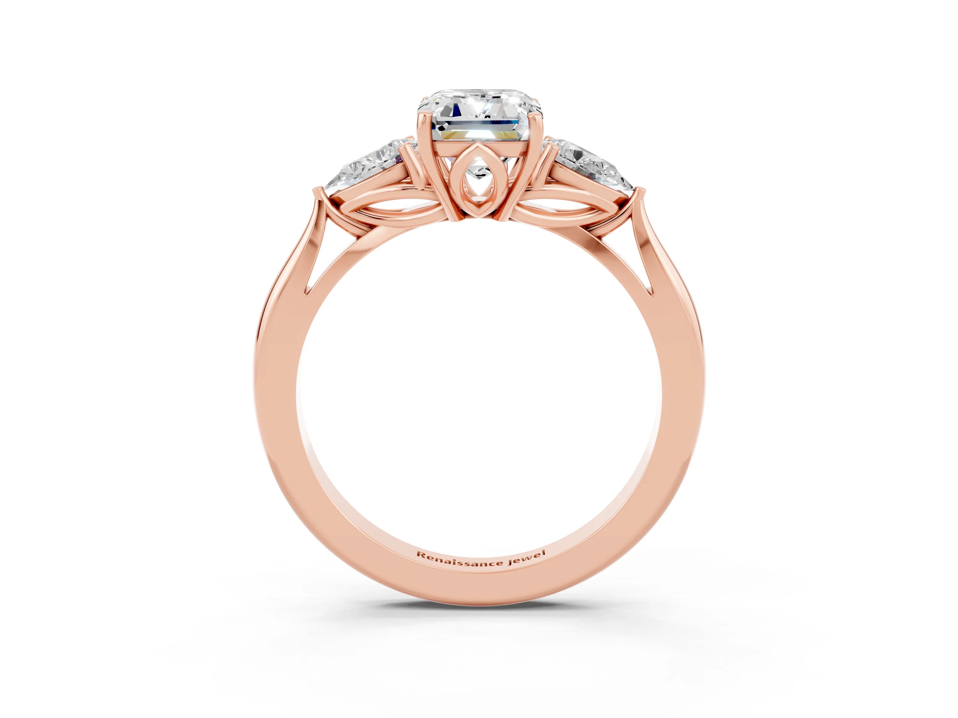 Rose gold Three-Stone Emerald Cut Cut Diamond Ring with Pear Side Stones in Four-Prong Setting_3
