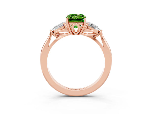 Rose gold Three-Stone Emerald Cut Cut Diamond Ring with Pear Side Stones in Four-Prong Setting