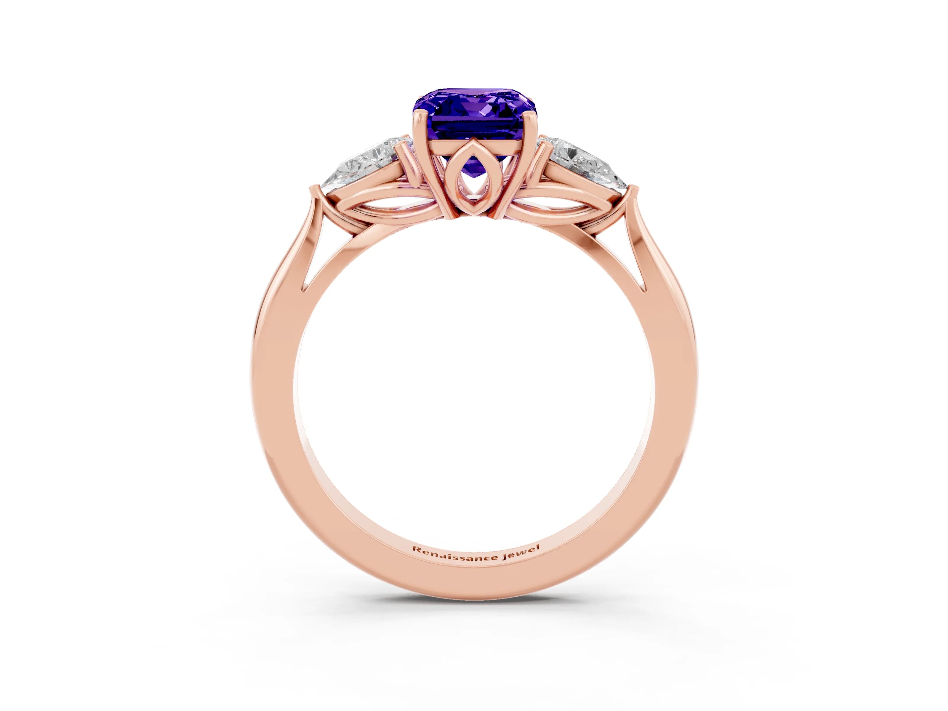 Rose gold Three-Stone Emerald Cut Cut Diamond Ring with Pear Side Stones in Four-Prong Setting_3