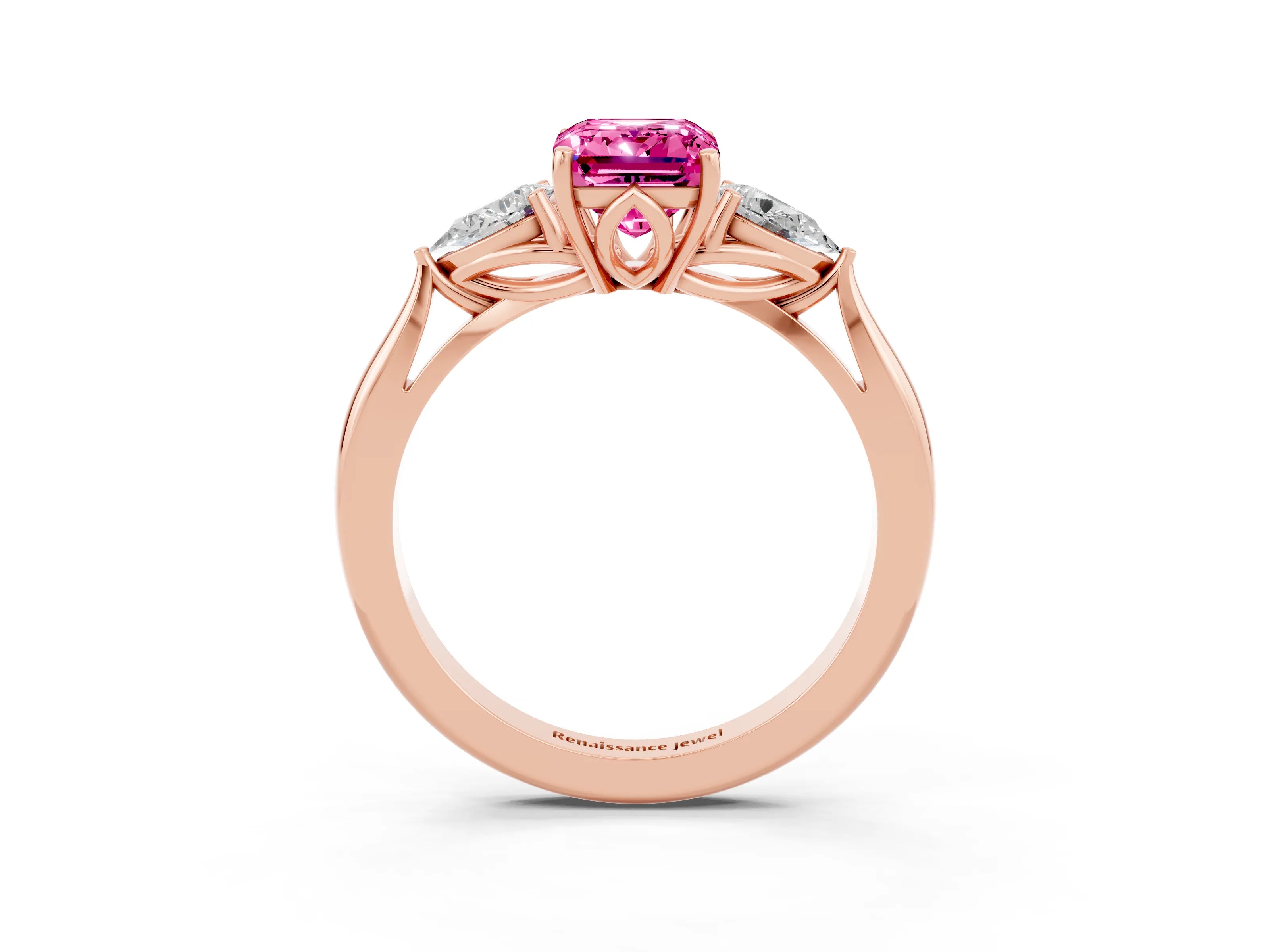 Rose gold Three-Stone Emerald Cut Cut Diamond Ring with Pear Side Stones in Four-Prong Setting_3