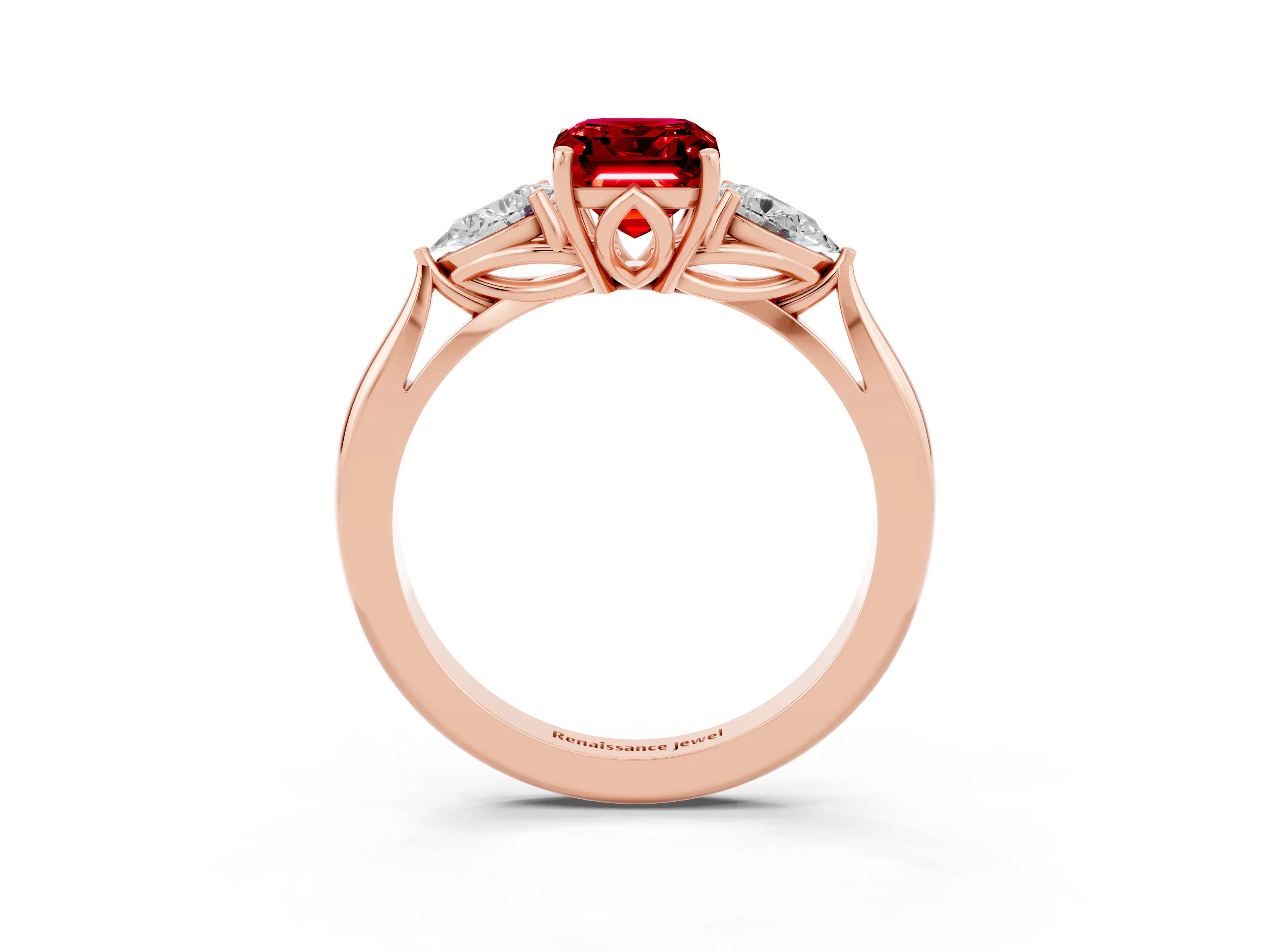 Rose gold Three-Stone Emerald Cut Cut Diamond Ring with Pear Side Stones in Four-Prong Setting_3
