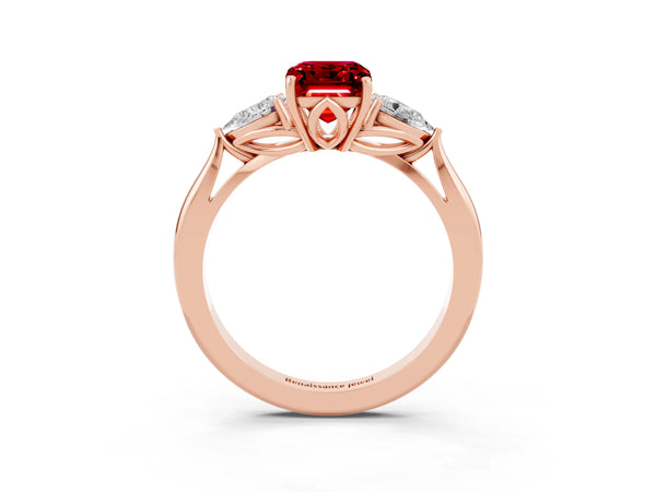 Rose gold Three-Stone Emerald Cut Cut Diamond Ring with Pear Side Stones in Four-Prong Setting