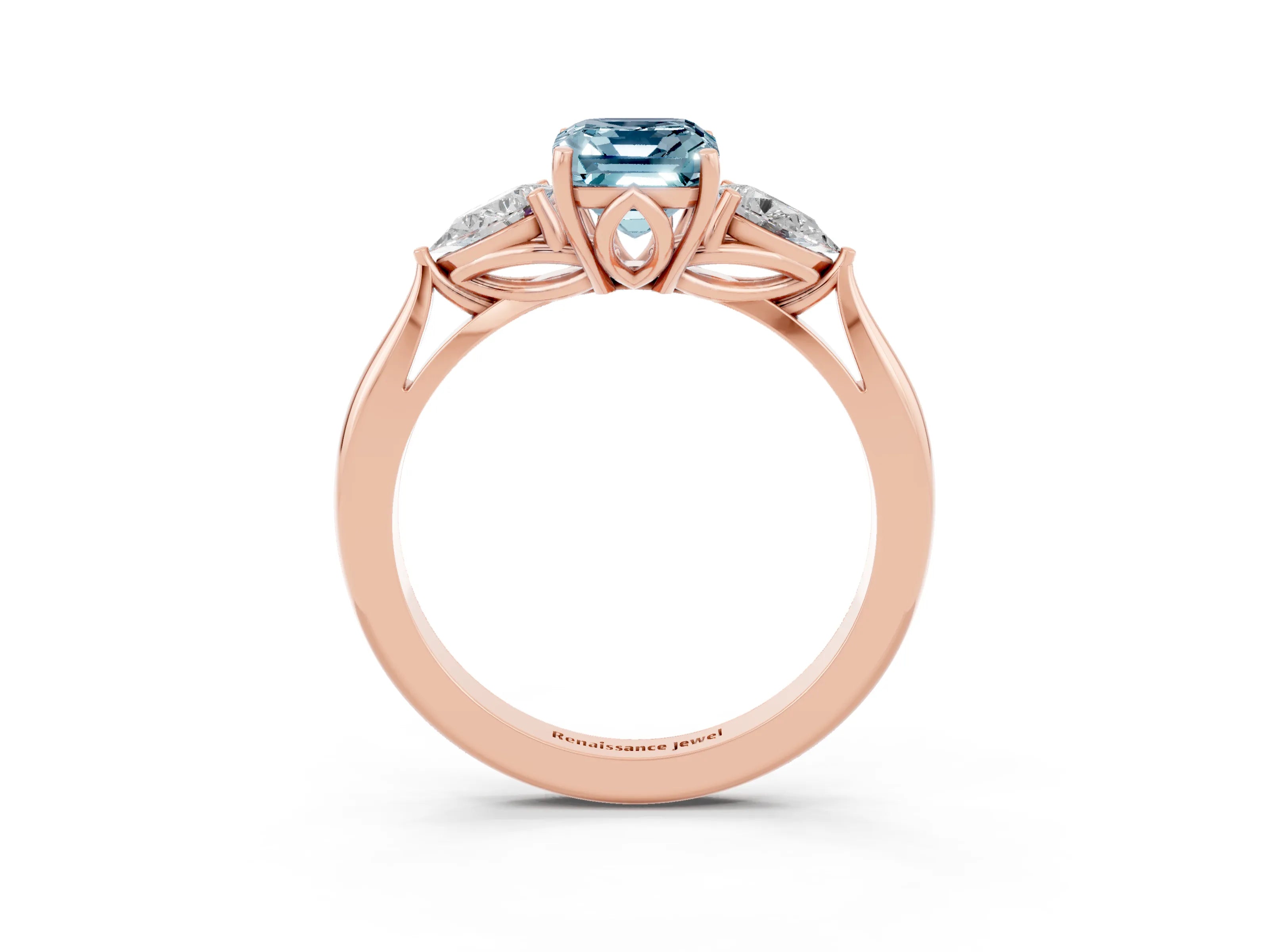 Rose gold Three-Stone Emerald Cut Cut Diamond Ring with Pear Side Stones in Four-Prong Setting_3