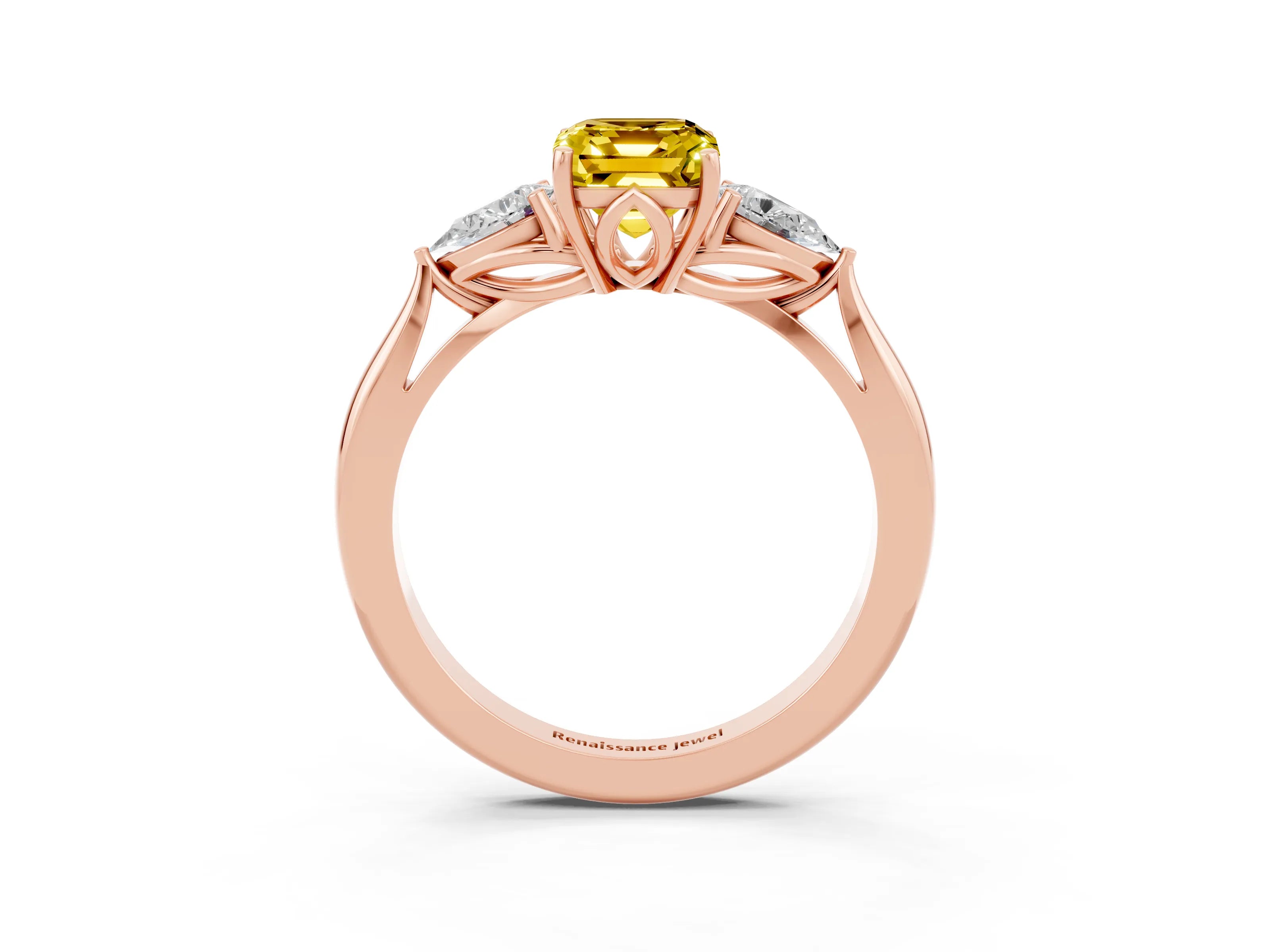 Rose gold Three-Stone Emerald Cut Cut Diamond Ring with Pear Side Stones in Four-Prong Setting_3