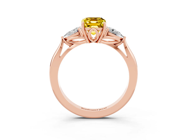 Rose gold Three-Stone Emerald Cut Yellow Sapphire Ring with Pear  Side Stones in Four-Prong Setting