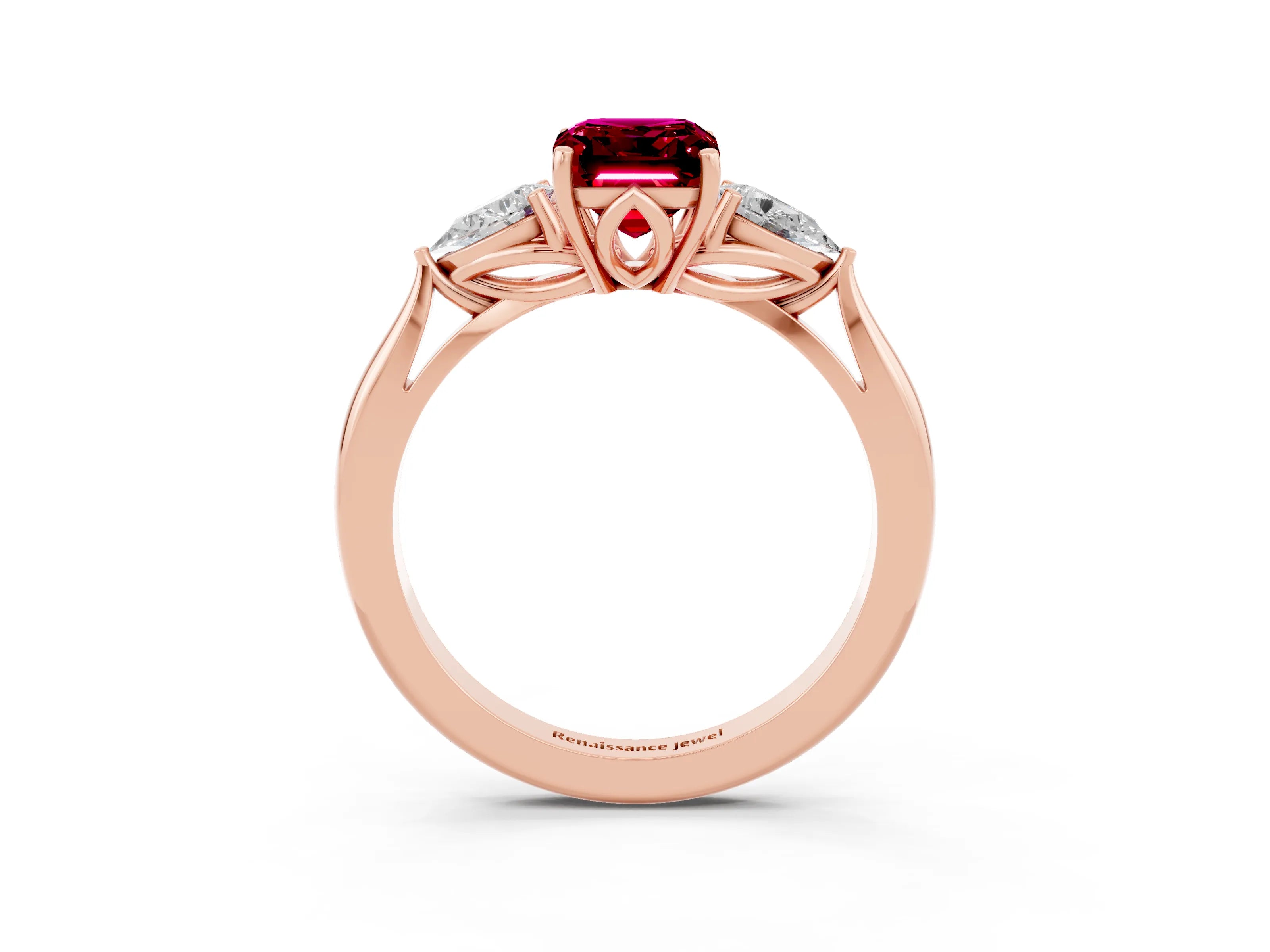 Rose gold Three-Stone Emerald Cut Cut Diamond Ring with Pear Side Stones in Four-Prong Setting_3
