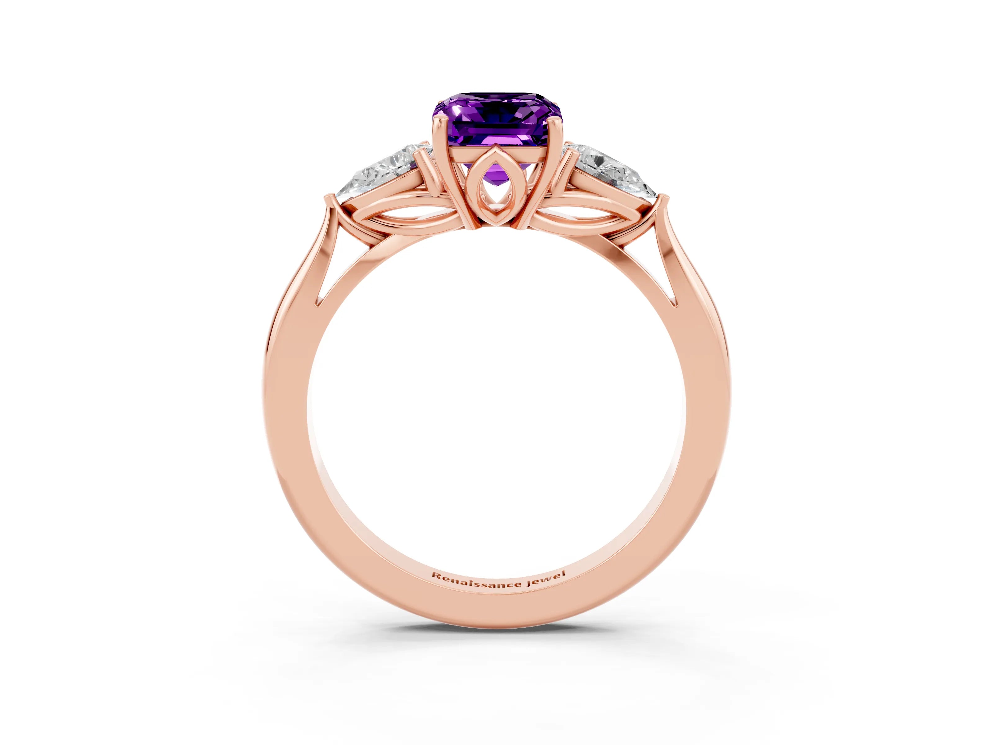 Rose gold Three-Stone Emerald Cut Cut Diamond Ring with Pear Side Stones in Four-Prong Setting_3