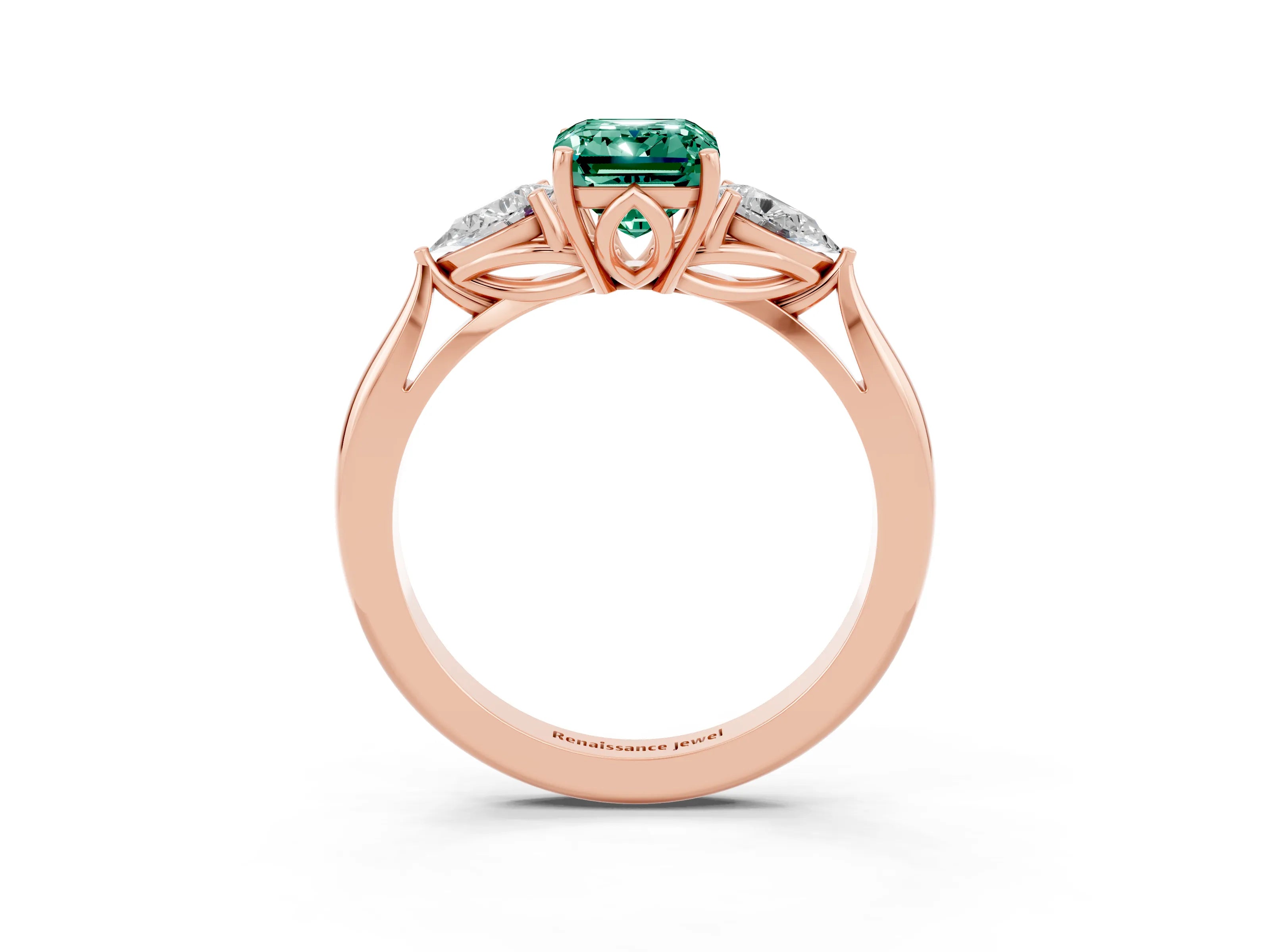 Rose gold Three-Stone Emerald Cut Cut Diamond Ring with Pear Side Stones in Four-Prong Setting_3