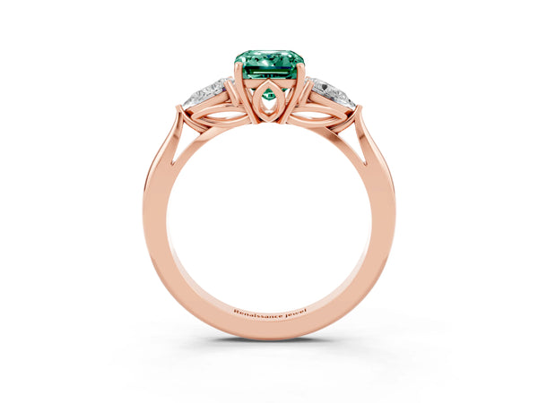 Rose gold Three-Stone Emerald Cut Green Sapphire Ring with Pear  Side Stones in Four-Prong Setting