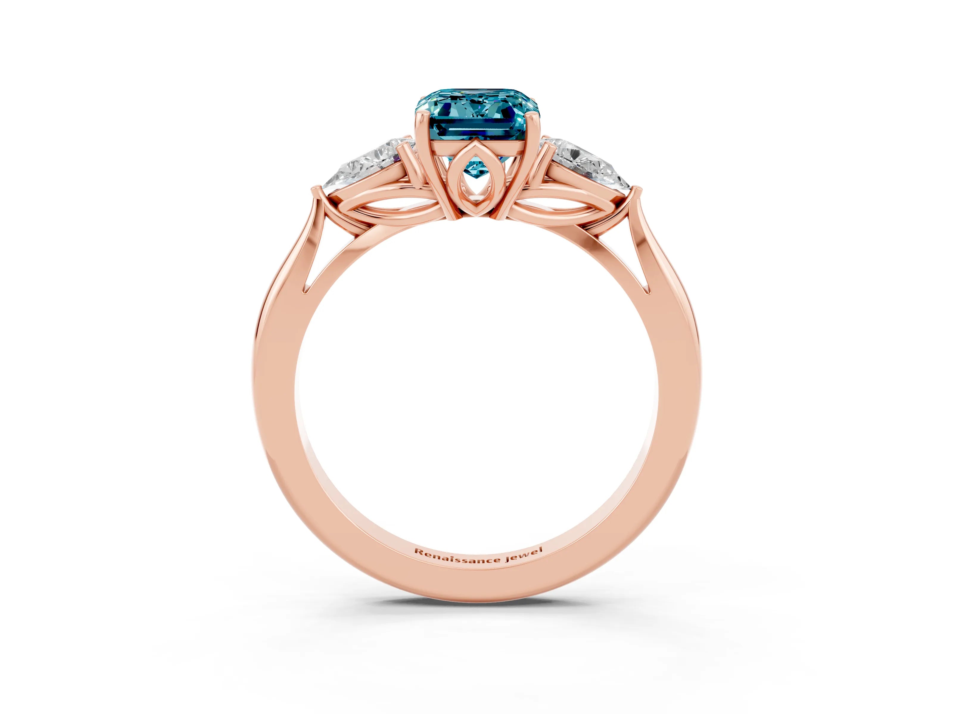 Rose gold Three-Stone Emerald Cut Cut Diamond Ring with Pear Side Stones in Four-Prong Setting_3