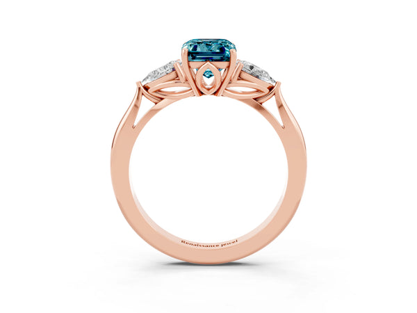 Rose gold Three-Stone Emerald Cut Cut Diamond Ring with Pear Side Stones in Four-Prong Setting