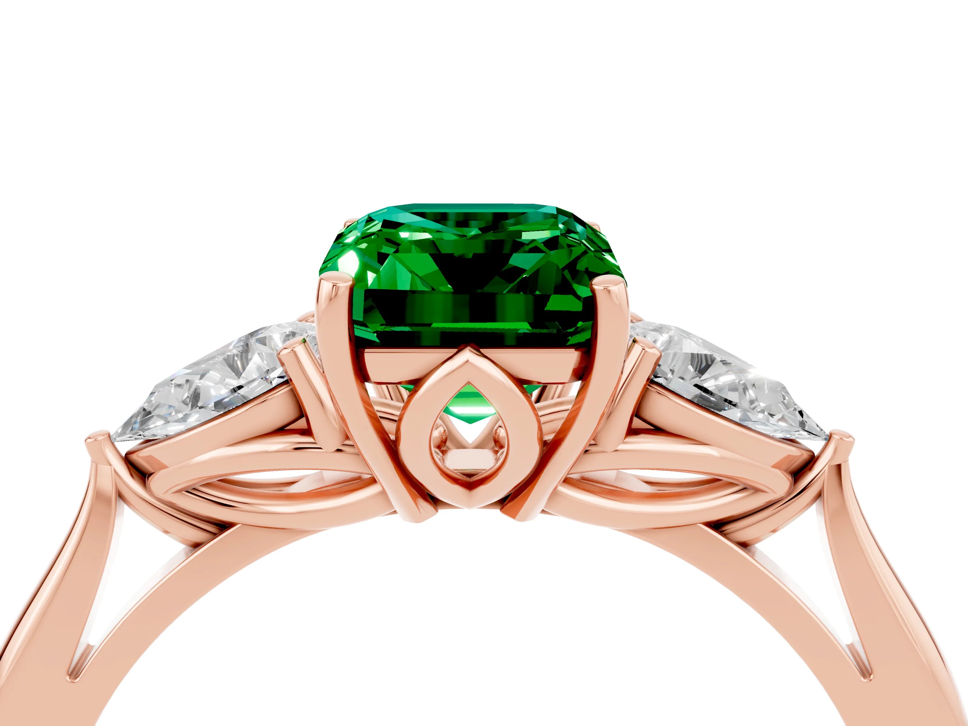 Rose gold Three-Stone Emerald Cut Cut Diamond Ring with Pear Side Stones in Four-Prong Setting_4