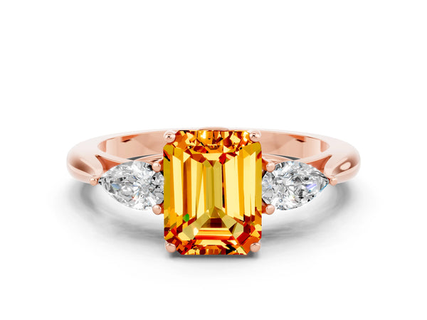 Rose gold Three-Stone Emerald Cut Citrine Ring with Pear  Side Stones in Four-Prong Setting