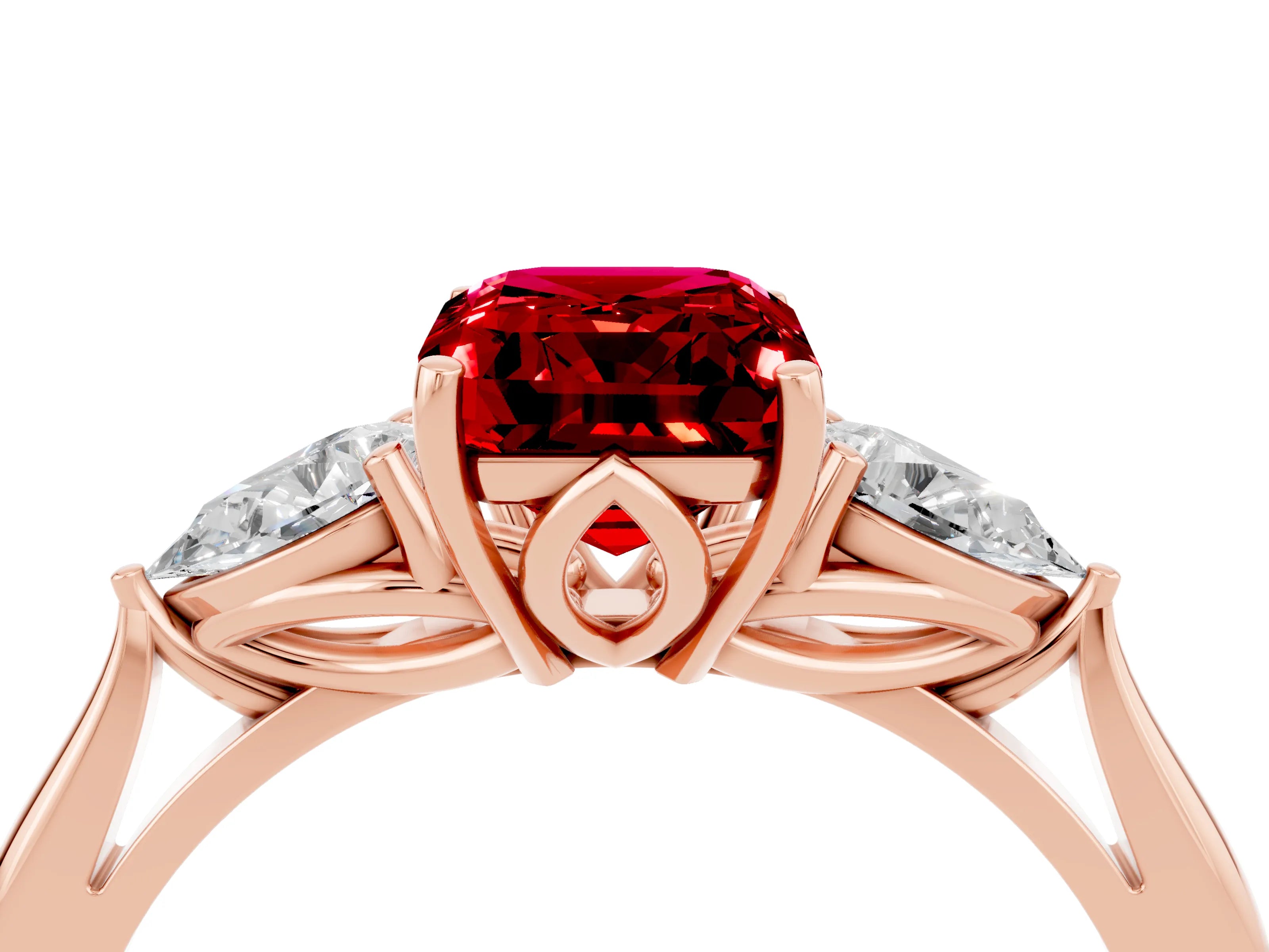 Rose gold Three-Stone Emerald Cut Cut Diamond Ring with Pear Side Stones in Four-Prong Setting_4