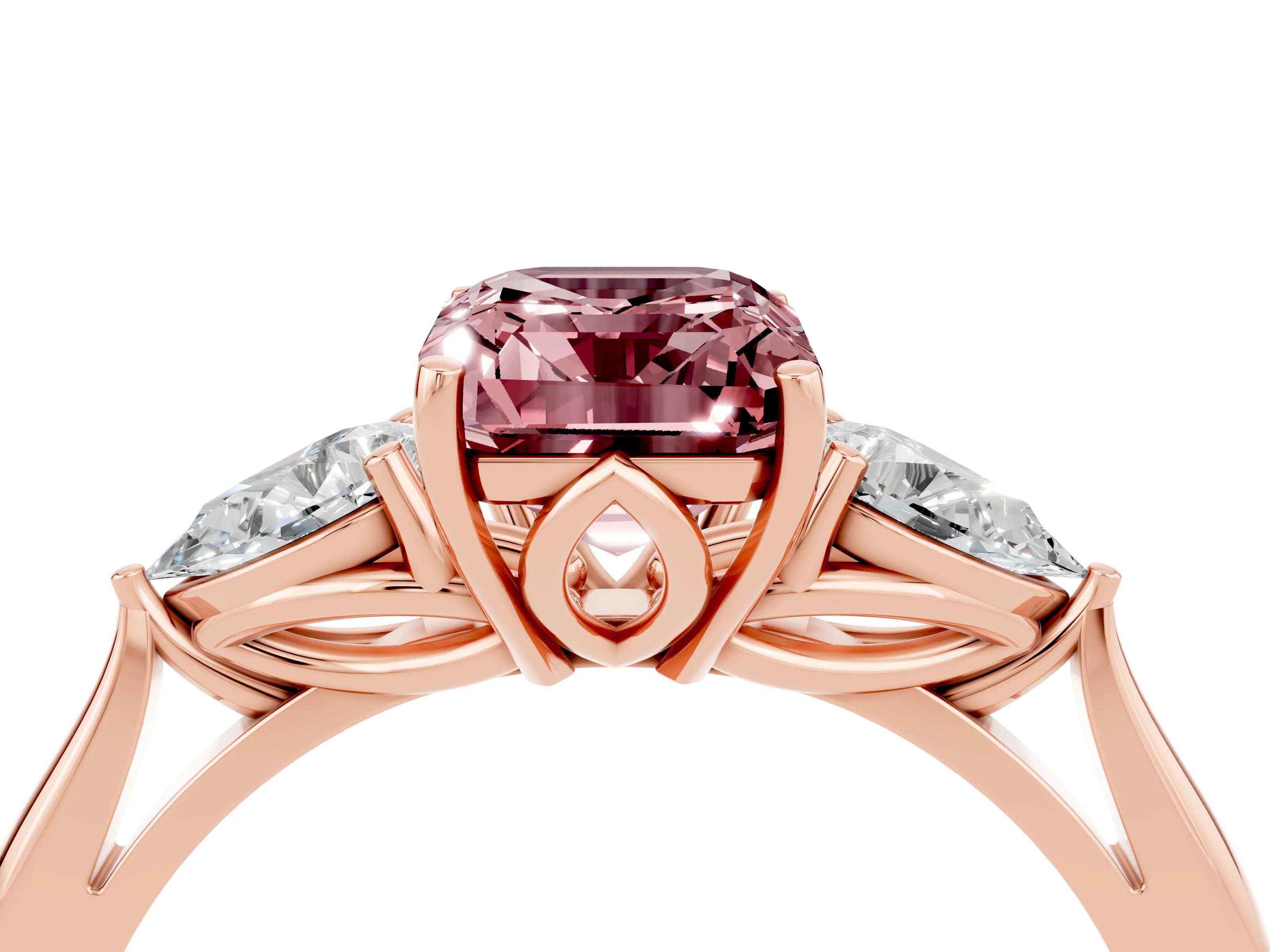 Rose gold Three-Stone Emerald Cut Cut Diamond Ring with Pear Side Stones in Four-Prong Setting_4