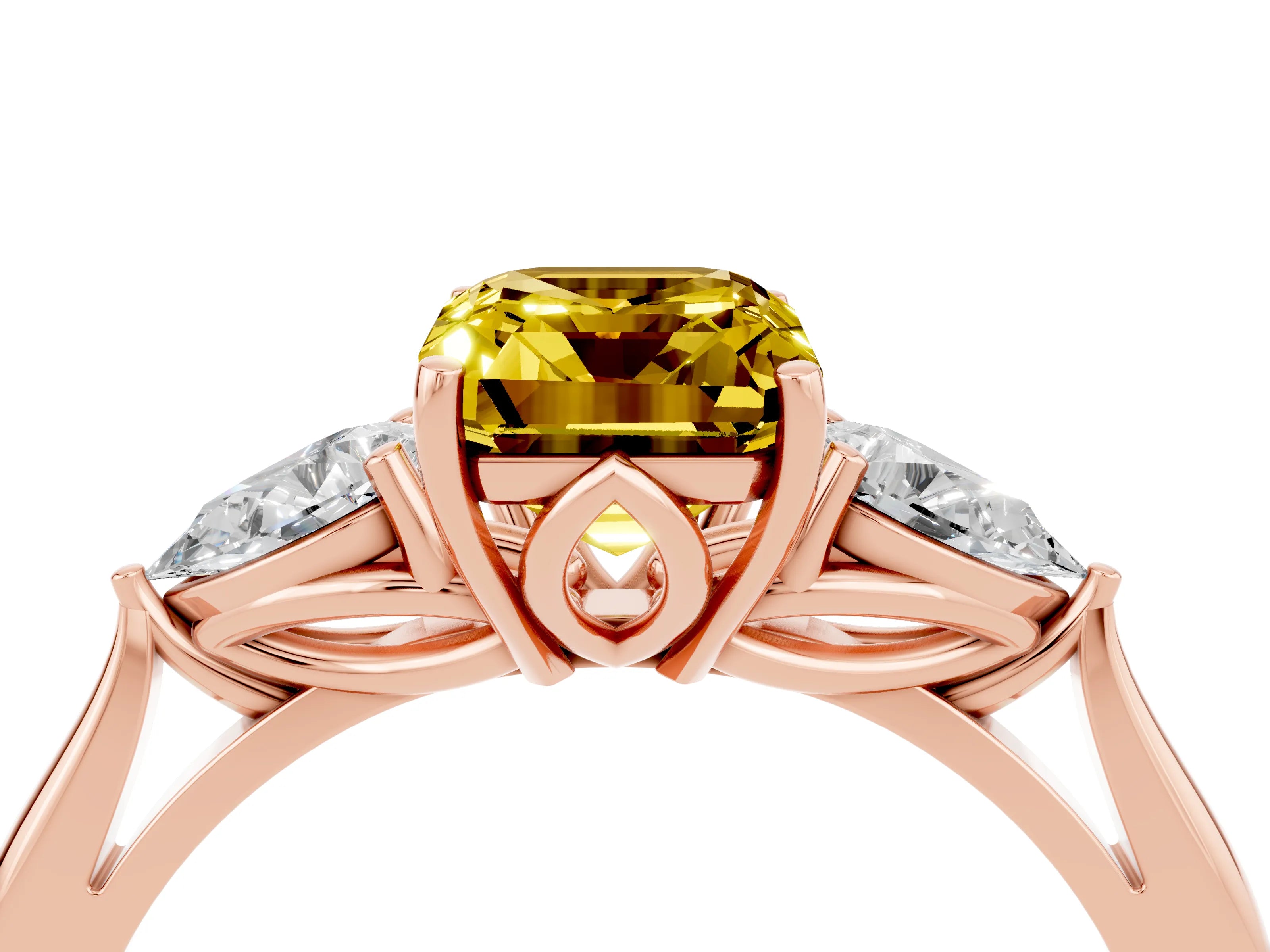 Rose gold Three-Stone Emerald Cut Cut Diamond Ring with Pear Side Stones in Four-Prong Setting_4