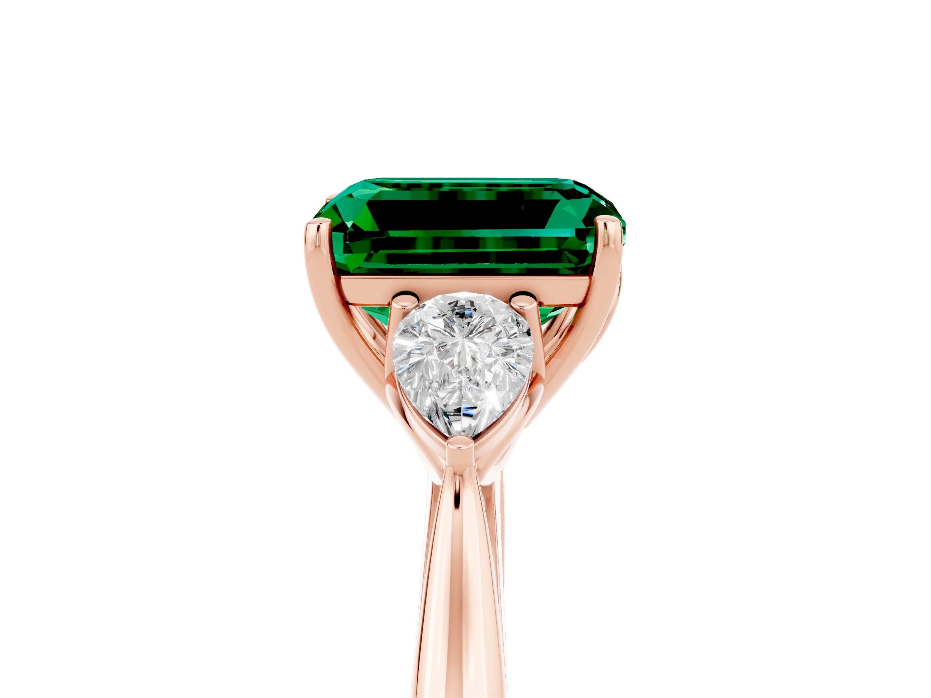 Rose gold Three-Stone Emerald Cut Cut Diamond Ring with Pear Side Stones in Four-Prong Setting_5