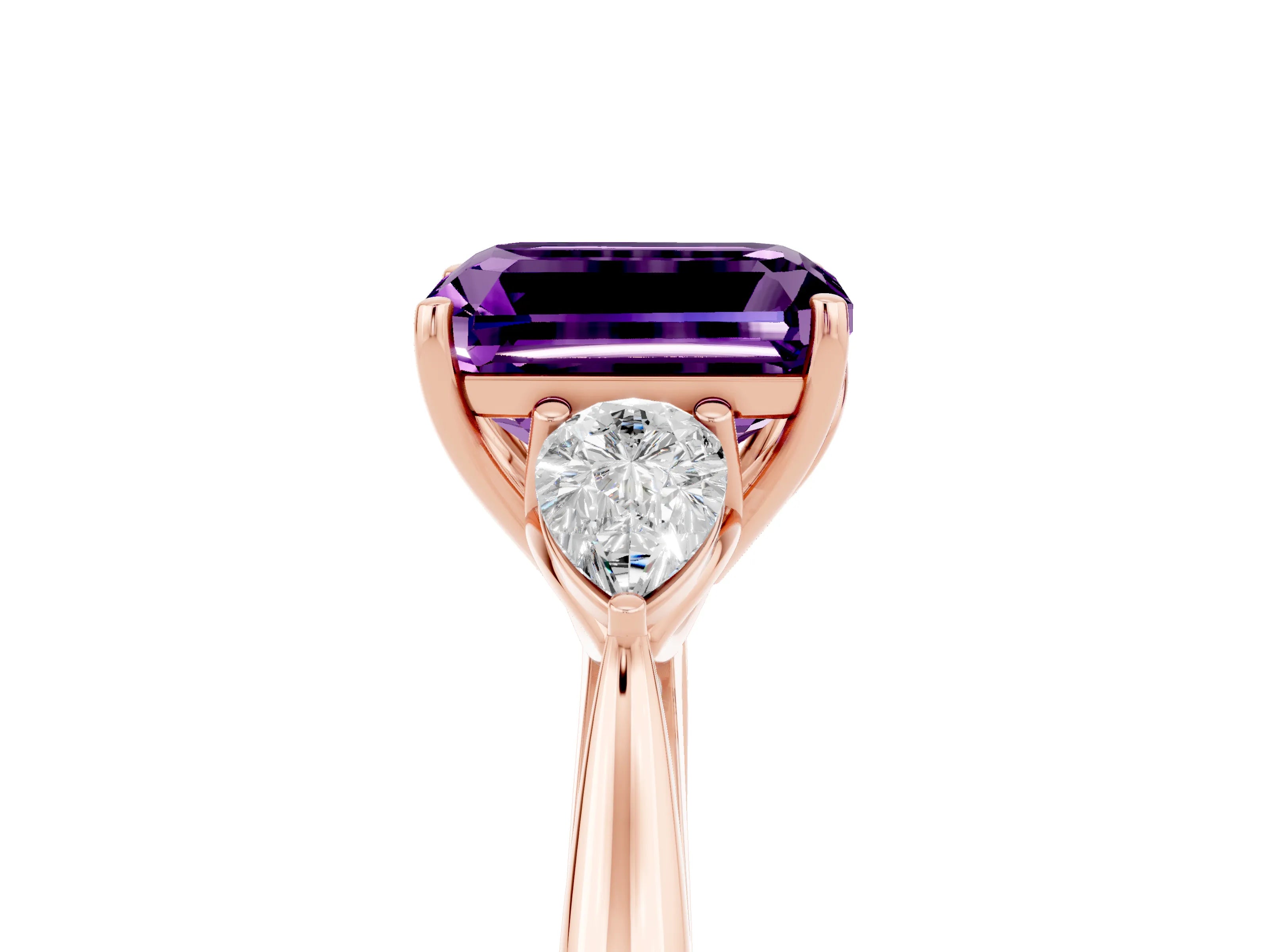 Rose gold Three-Stone Emerald Cut Cut Diamond Ring with Pear Side Stones in Four-Prong Setting_5
