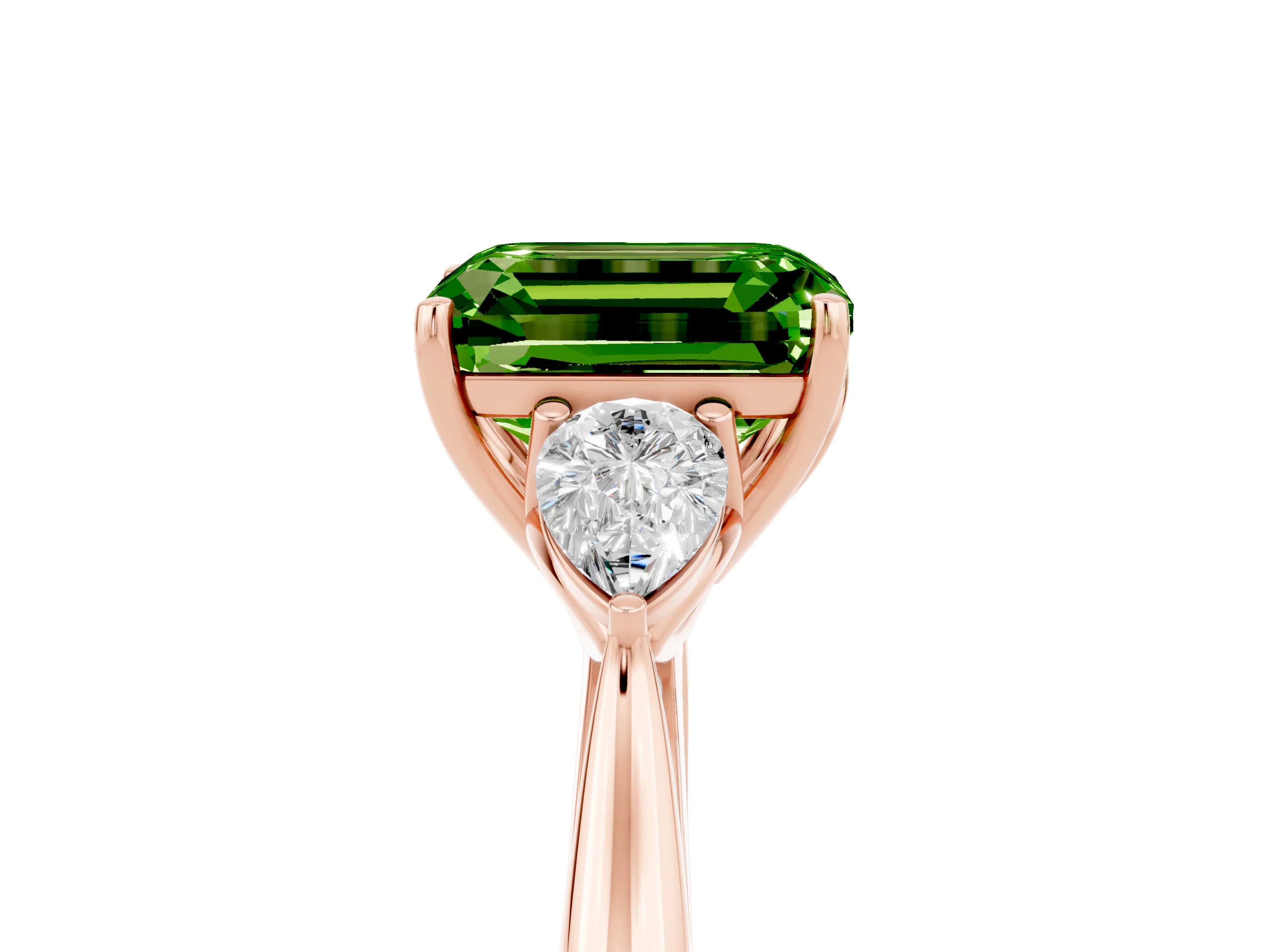 Rose gold Three-Stone Emerald Cut Cut Diamond Ring with Pear Side Stones in Four-Prong Setting_5