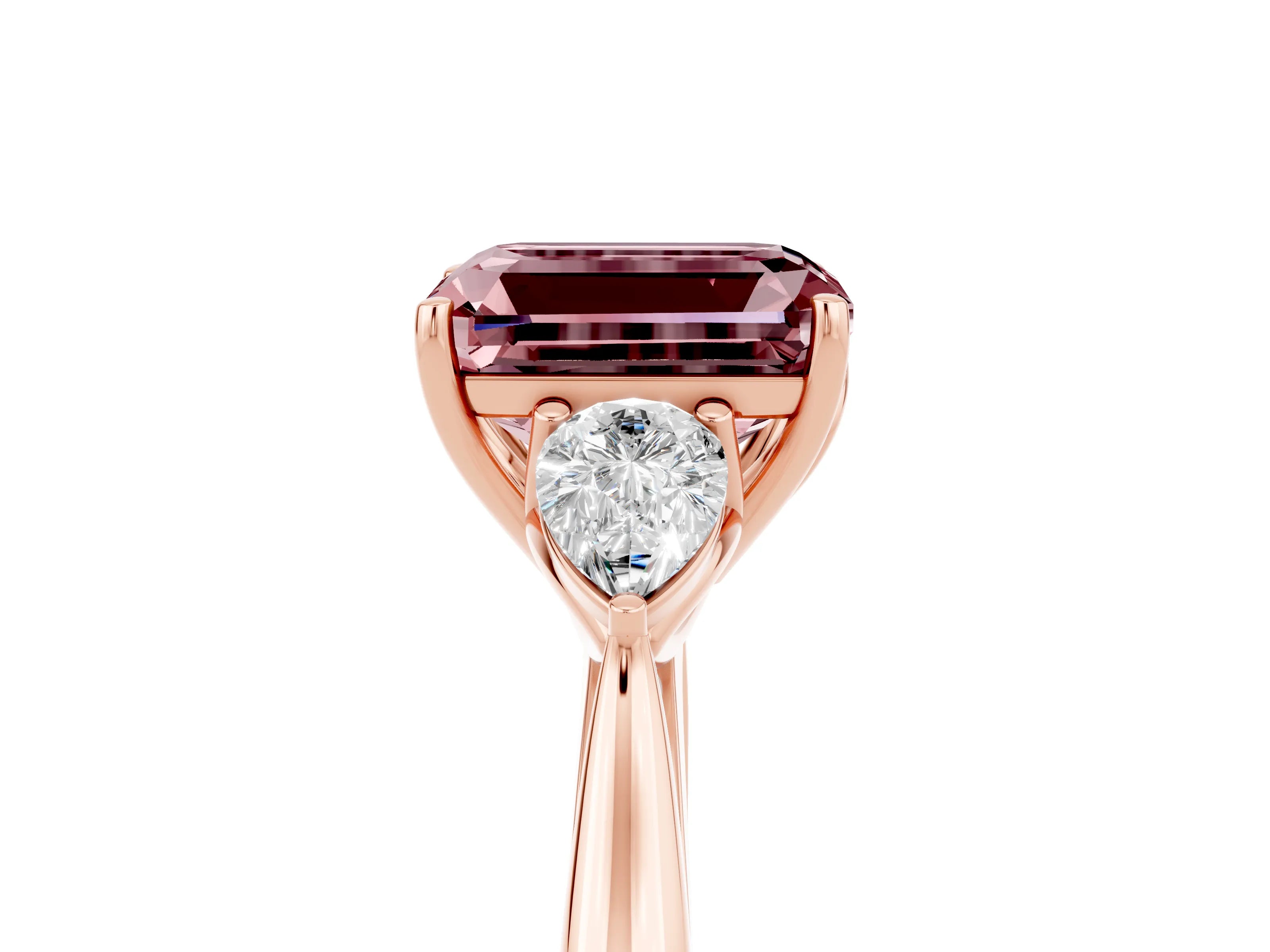 Rose gold Three-Stone Emerald Cut Cut Diamond Ring with Pear Side Stones in Four-Prong Setting_5