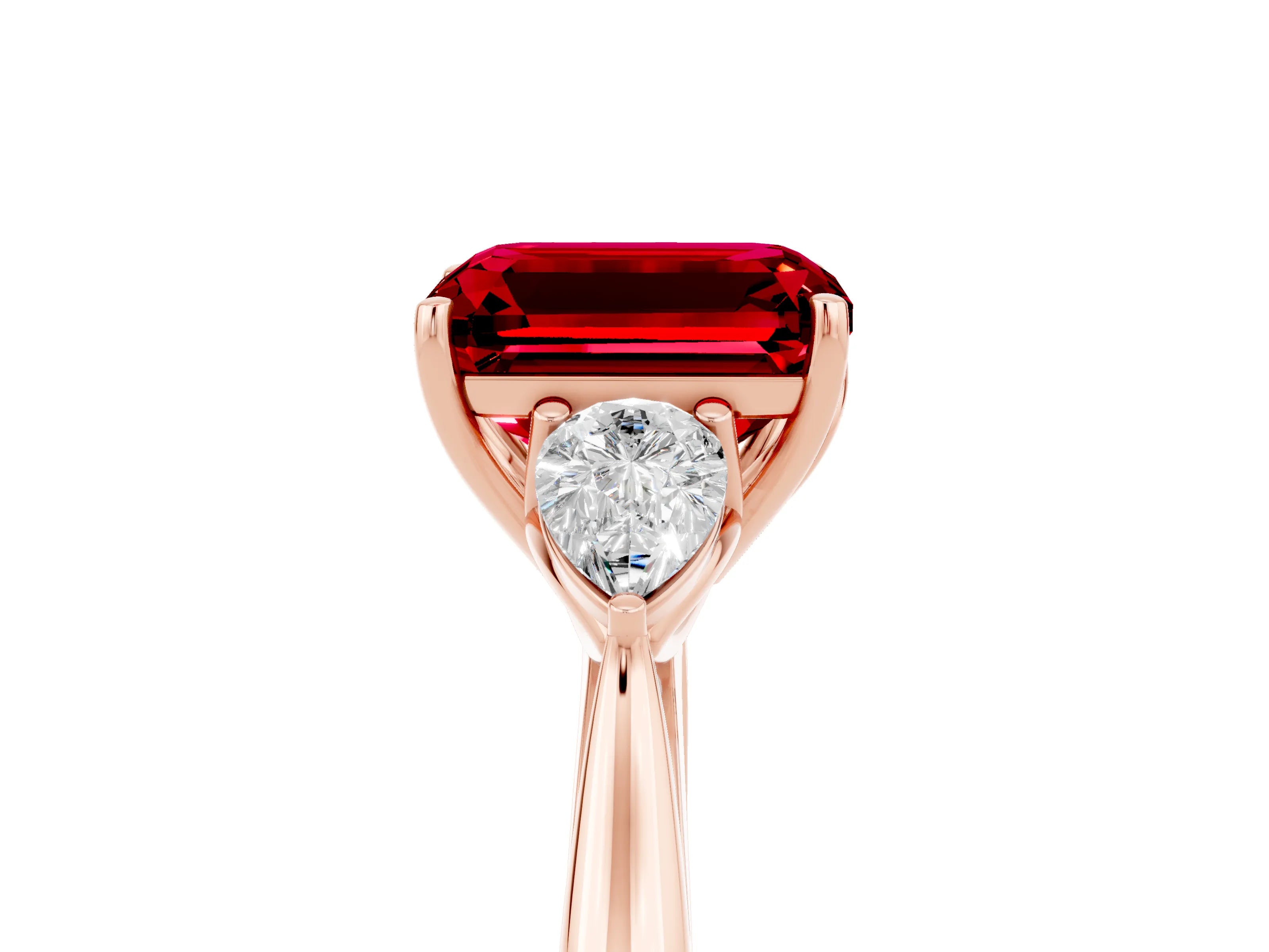 Rose gold Three-Stone Emerald Cut Cut Diamond Ring with Pear Side Stones in Four-Prong Setting_5