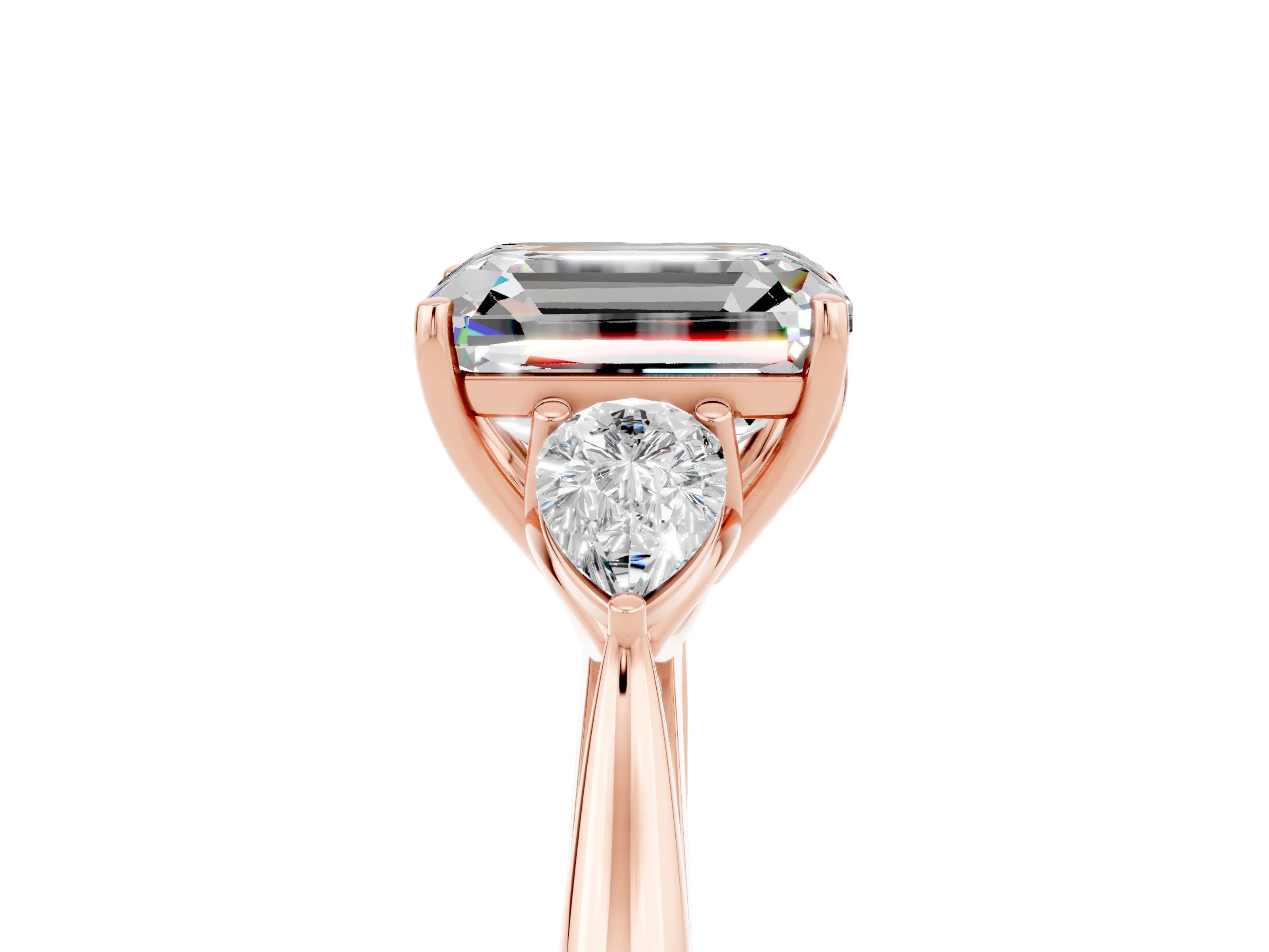 Rose gold Three-Stone Emerald Cut Cut Diamond Ring with Pear Side Stones in Four-Prong Setting_5