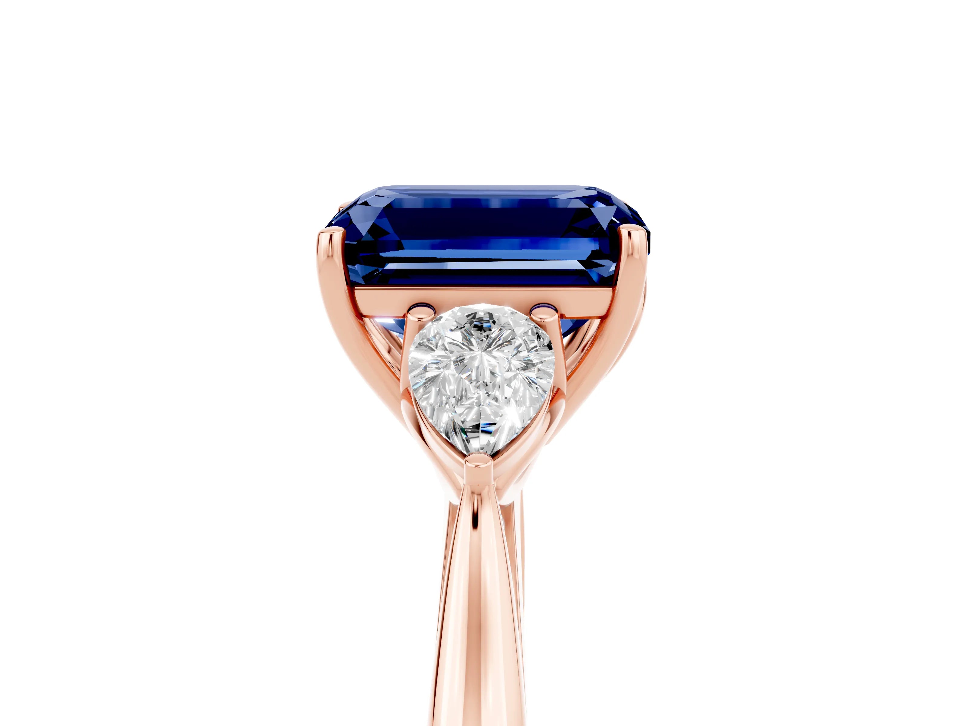Rose gold Three-Stone Emerald Cut Cut Diamond Ring with Pear Side Stones in Four-Prong Setting_5