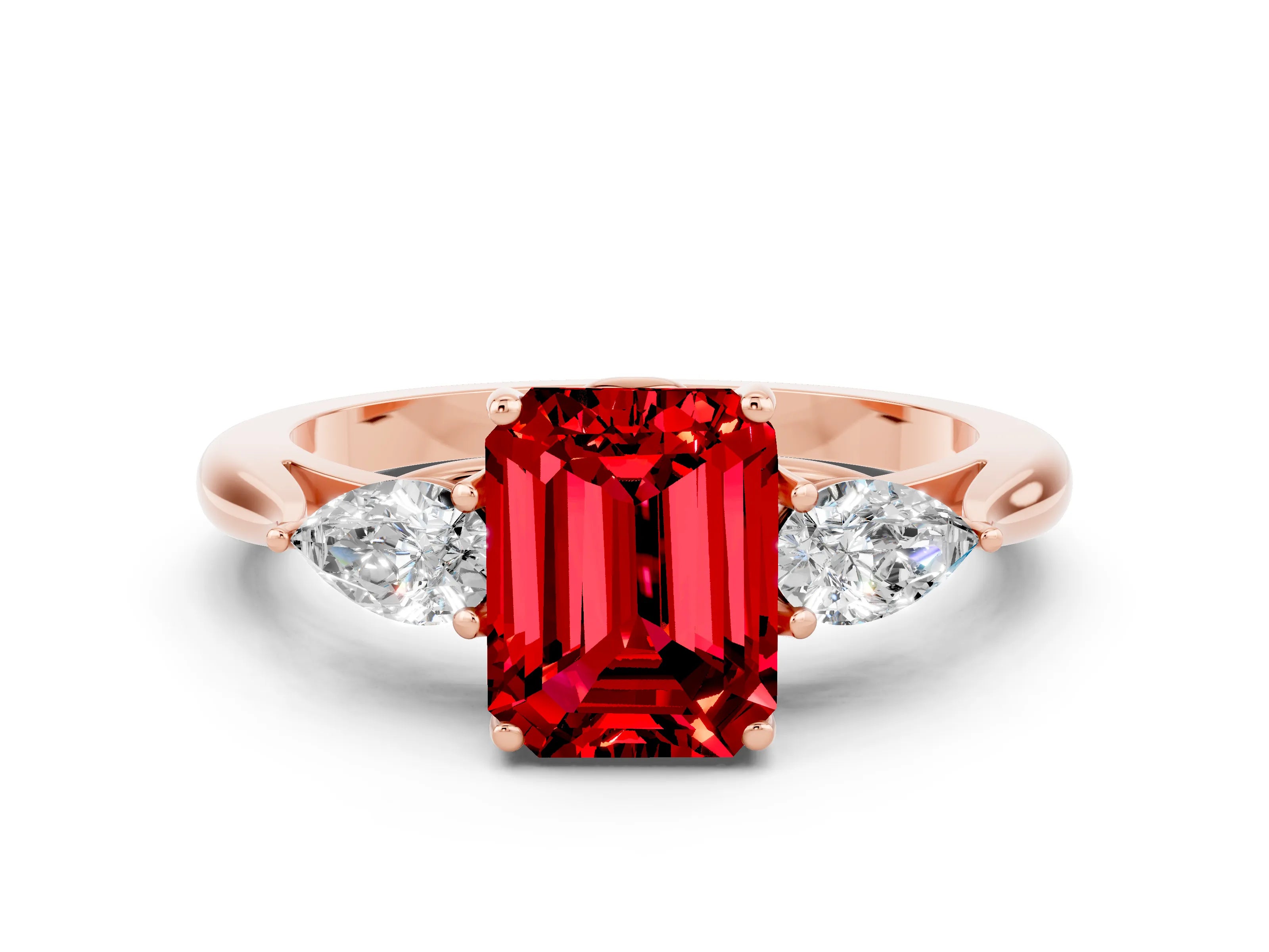 Rose gold Three-Stone Emerald Cut Cut Diamond Ring with Pear Side Stones in Four-Prong Setting
