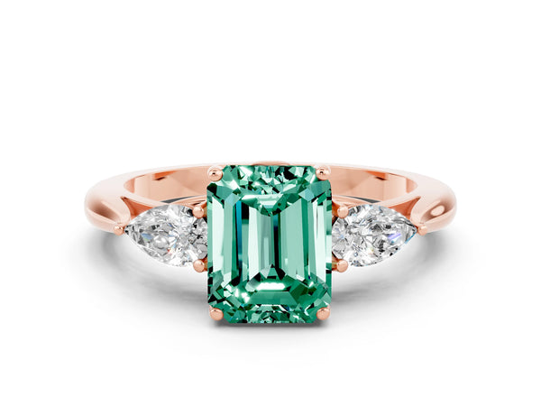 Rose gold Three-Stone Emerald Cut Green Sapphire Ring with Pear  Side Stones in Four-Prong Setting
