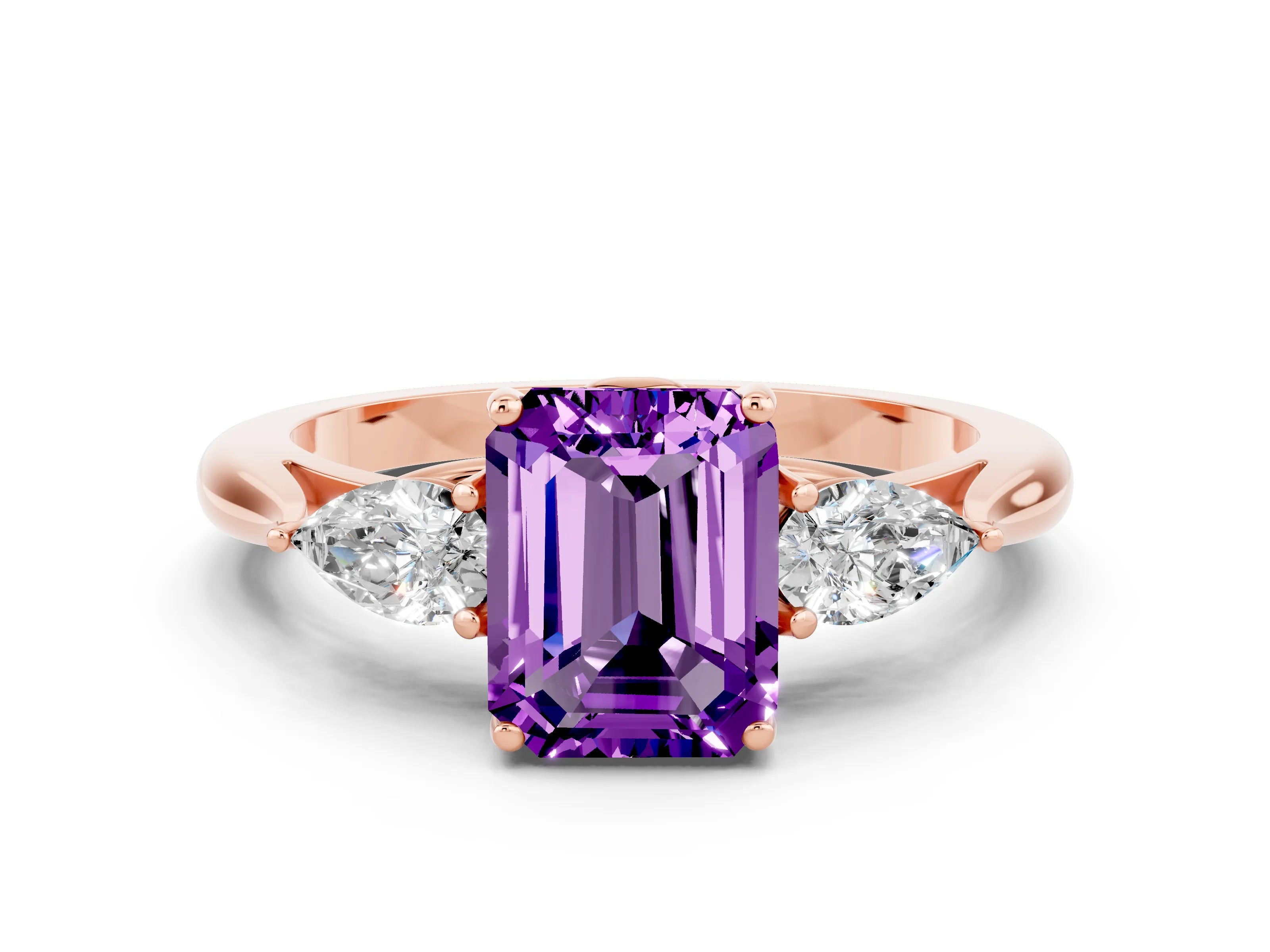 Rose gold Three-Stone Emerald Cut Cut Diamond Ring with Pear Side Stones in Four-Prong Setting