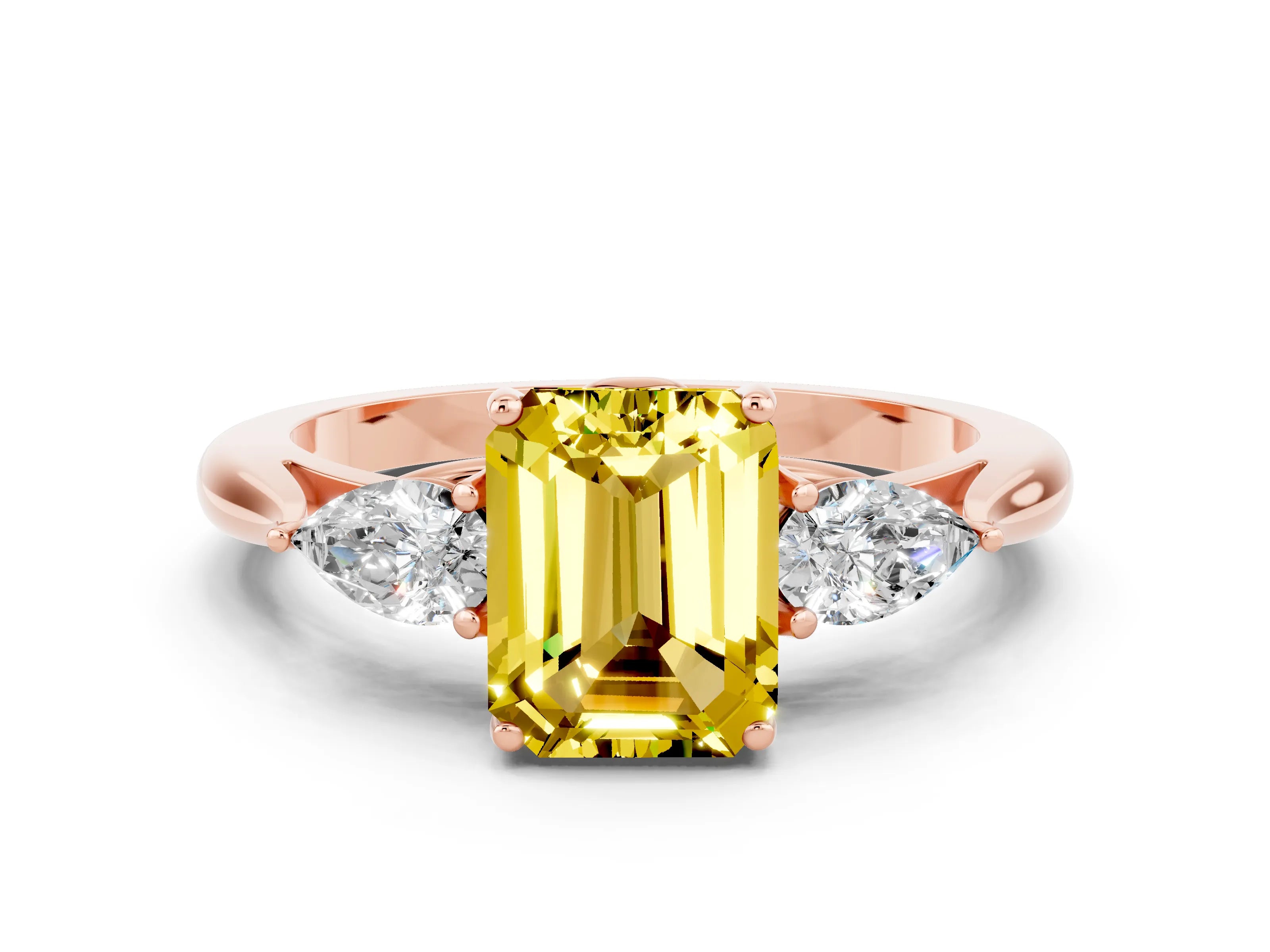 Rose gold Three-Stone Emerald Cut Cut Diamond Ring with Pear Side Stones in Four-Prong Setting