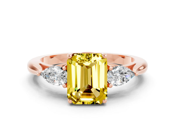 Rose gold Three-Stone Emerald Cut Yellow Sapphire Ring with Pear  Side Stones in Four-Prong Setting