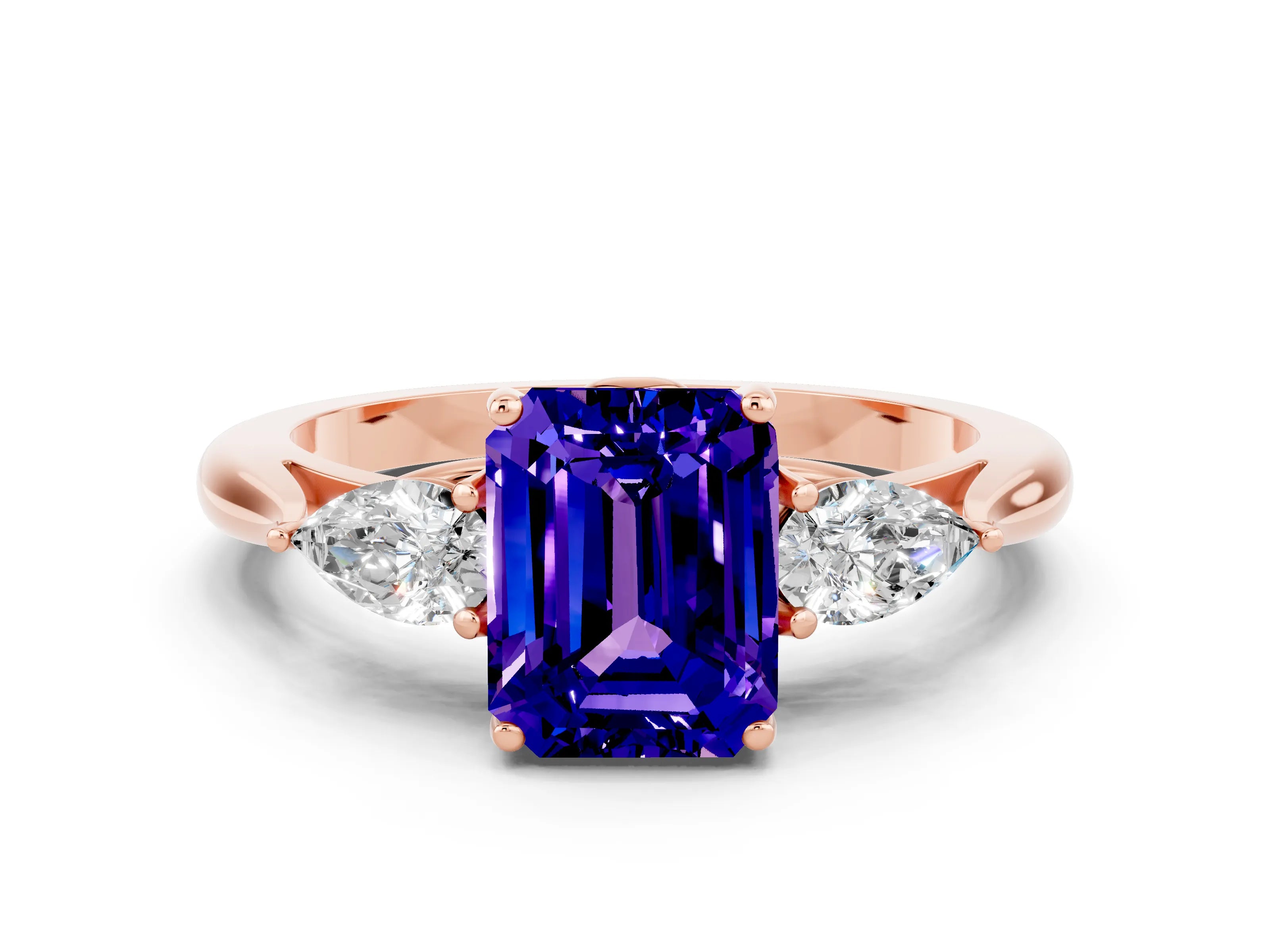 Rose gold Three-Stone Emerald Cut Cut Diamond Ring with Pear Side Stones in Four-Prong Setting