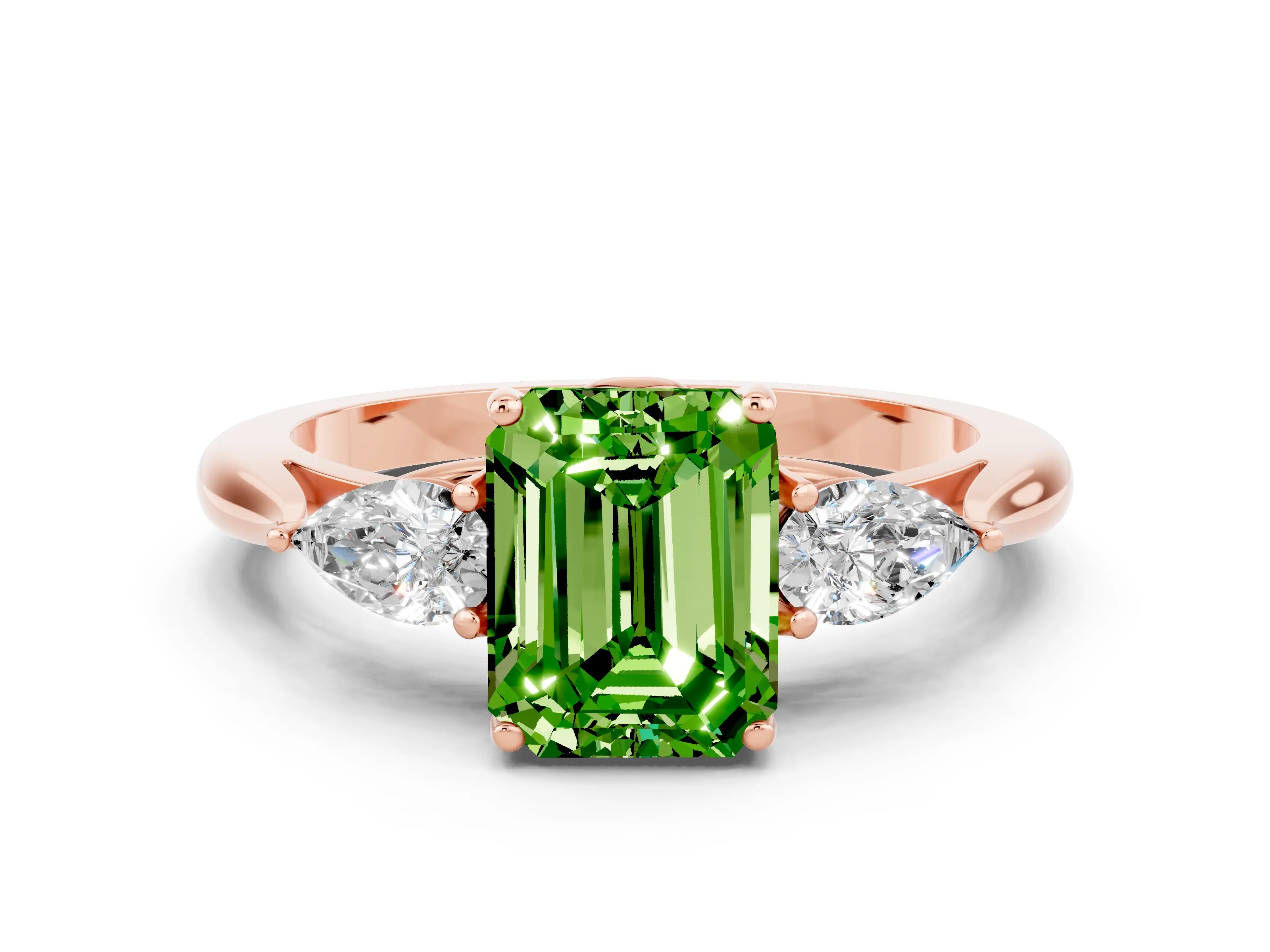 Rose gold Three-Stone Emerald Cut Cut Diamond Ring with Pear Side Stones in Four-Prong Setting