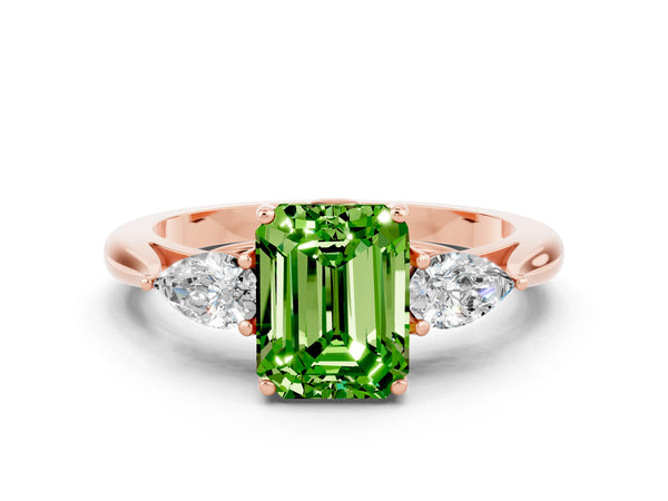 Rose gold Three-Stone Emerald Cut Cut Diamond Ring with Pear Side Stones in Four-Prong Setting
