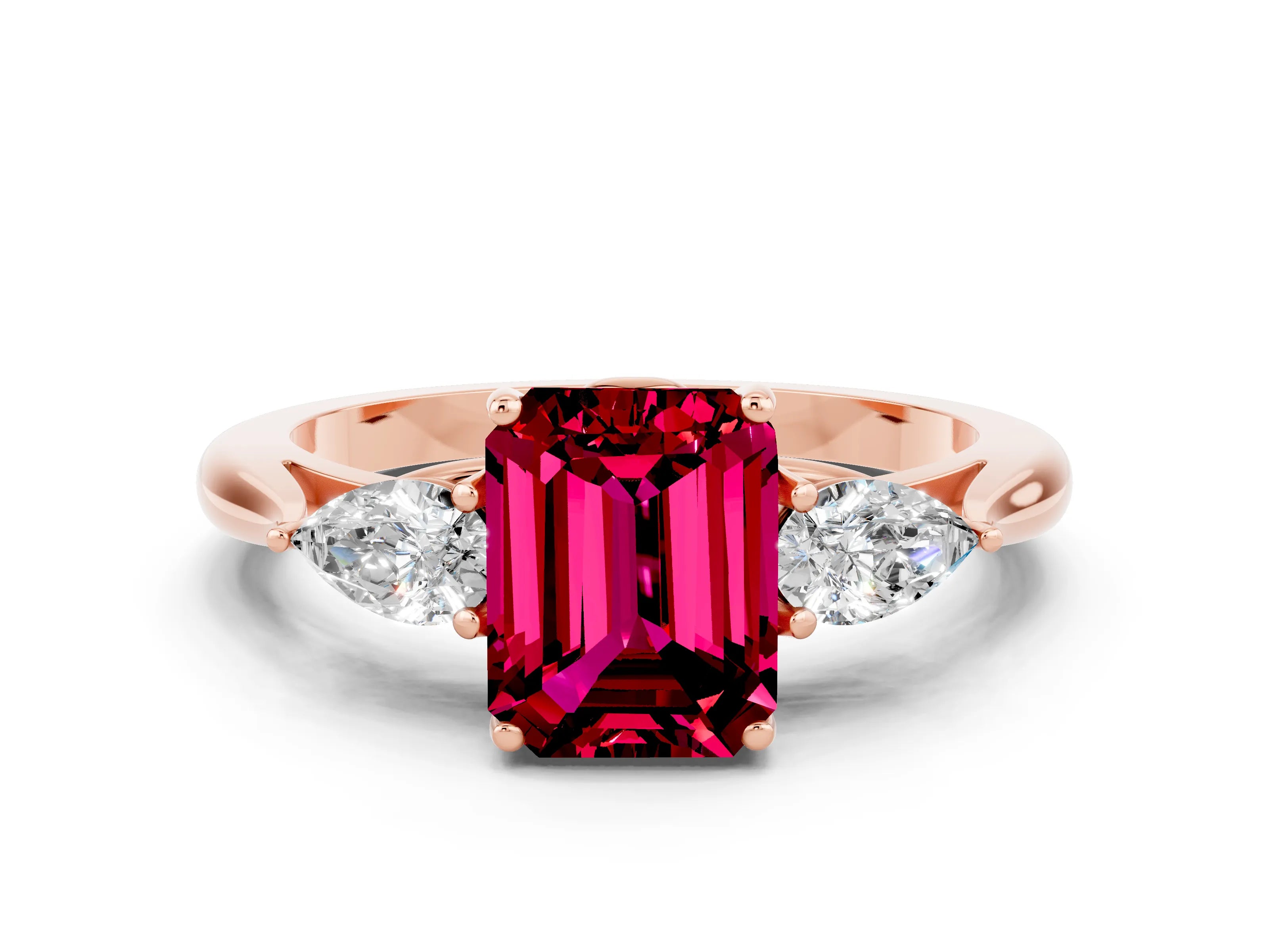 Rose gold Three-Stone Emerald Cut Cut Diamond Ring with Pear Side Stones in Four-Prong Setting