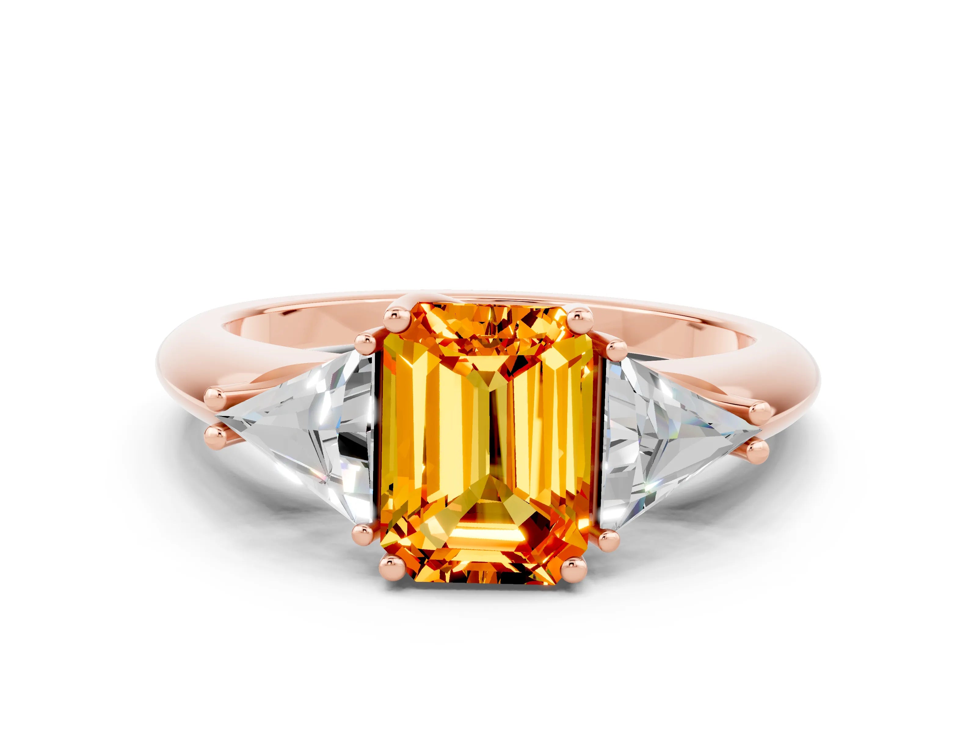 Rose gold Three-Stone Emerald Cut Cut Diamond Ring with Trillion Side Stones and Four-Prong Setting