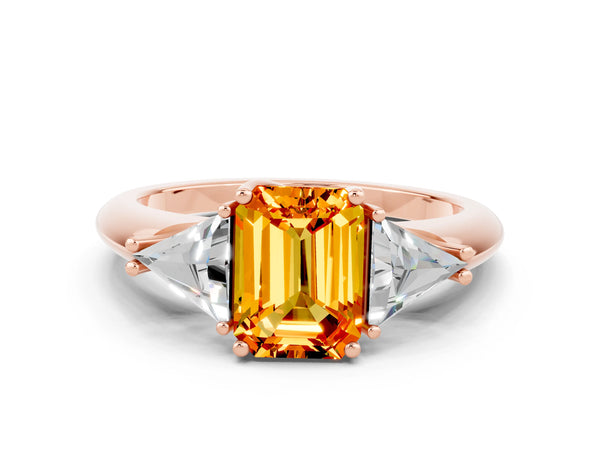 Rose gold Three-Stone Emerald Cut Citrine Engagement Ring with Trillion Side Stones and Prong Setting