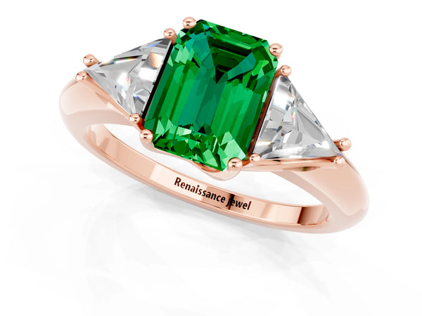 Rose gold Three-Stone Emerald Cut Emerald Engagement Ring with Trillion Side Stones and Prong Setting