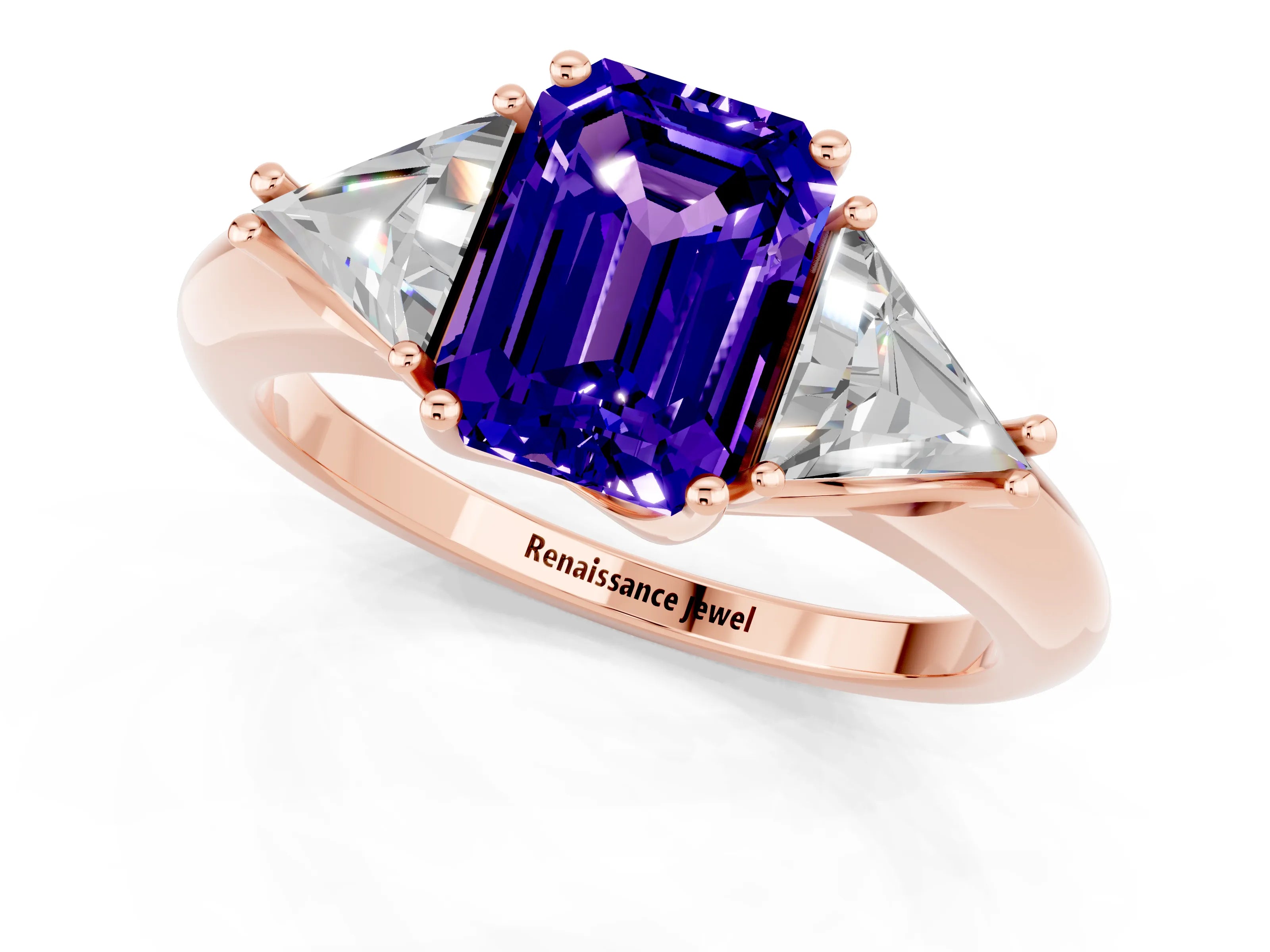Rose gold Three-Stone Emerald Cut Cut Diamond Ring with Trillion Side Stones and Four-Prong Setting_1
