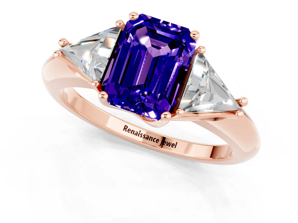 Rose gold Three-Stone Emerald Cut Tanzanite Engagement Ring with Trillion Side Stones and Prong Setting