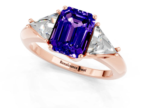 Rose gold Three-Stone Emerald Cut Cut Diamond Ring with Trillion Side Stones and Four-Prong Setting_1