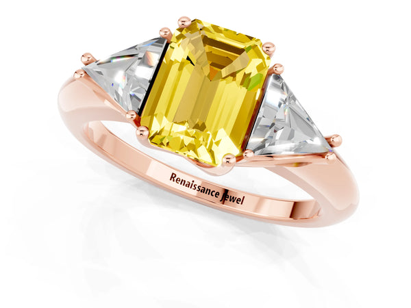Rose gold Three-Stone Emerald Cut Yellow Sapphire Engagement Ring with Trillion Side Stones and Prong Setting