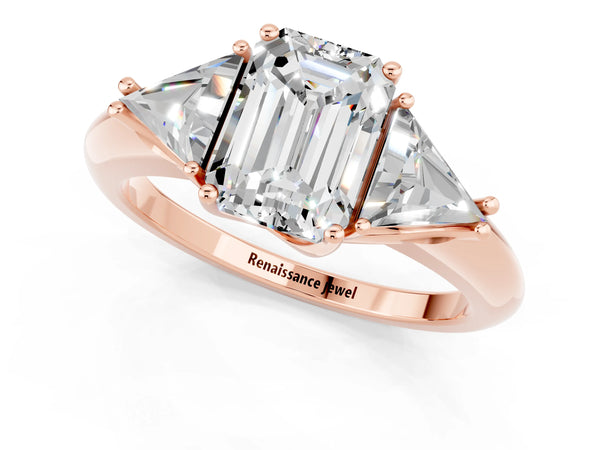 Rose gold Three-Stone Emerald Cut Moissanite Engagement Ring with Trillion Side Stones and Prong Setting